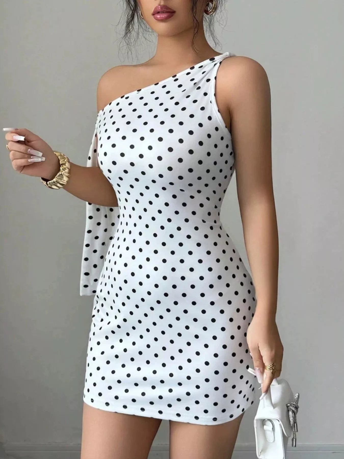 Trendsi One-Shoulder Polka Dot Bodycon Mini Dress -