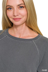 Trendsi Zenana Washed F/terry Round Neck Pullover & Pants Set -