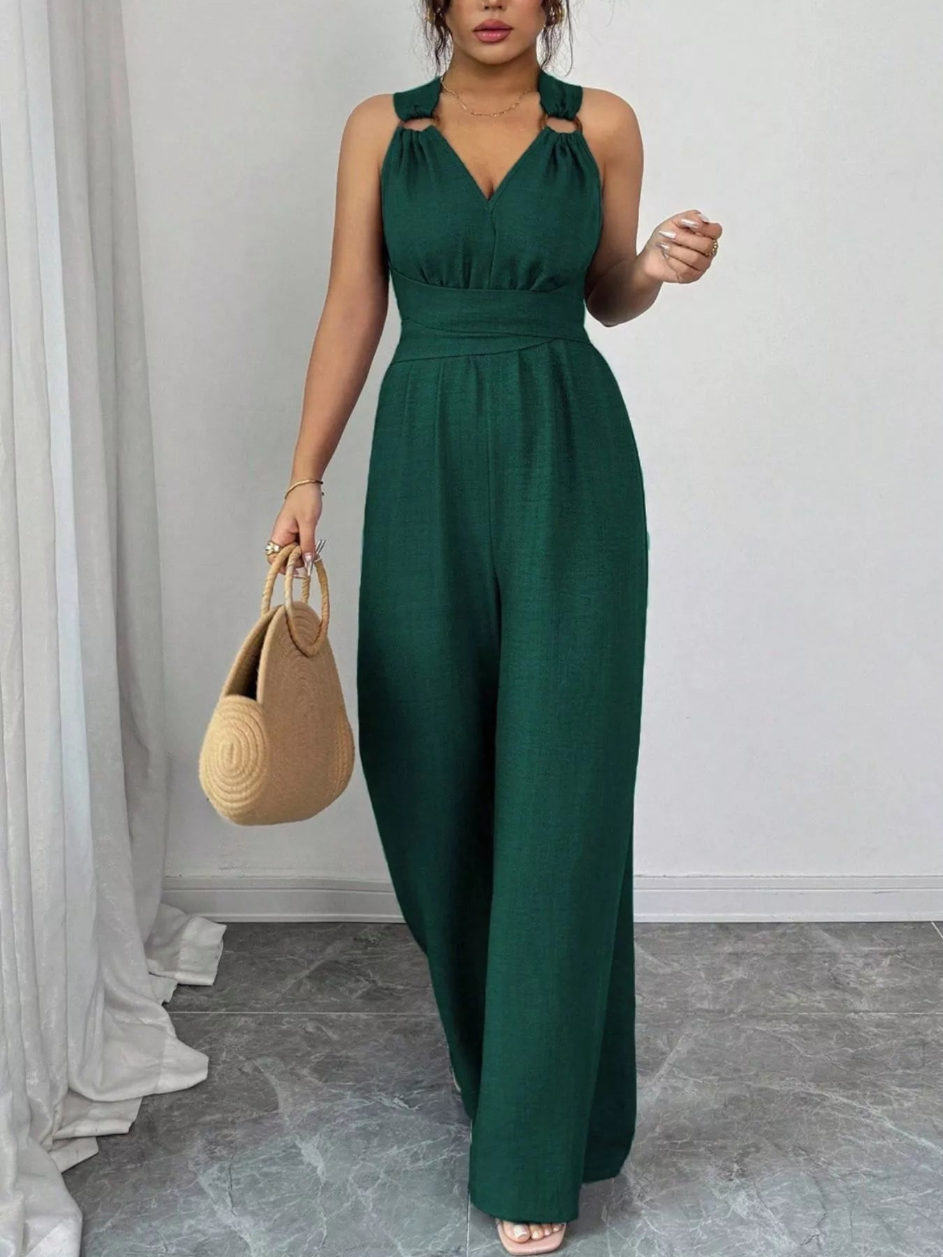 Trendsi Sleeveless V-Neck Wide-Leg Jumpsuit with O-Ring Detail -