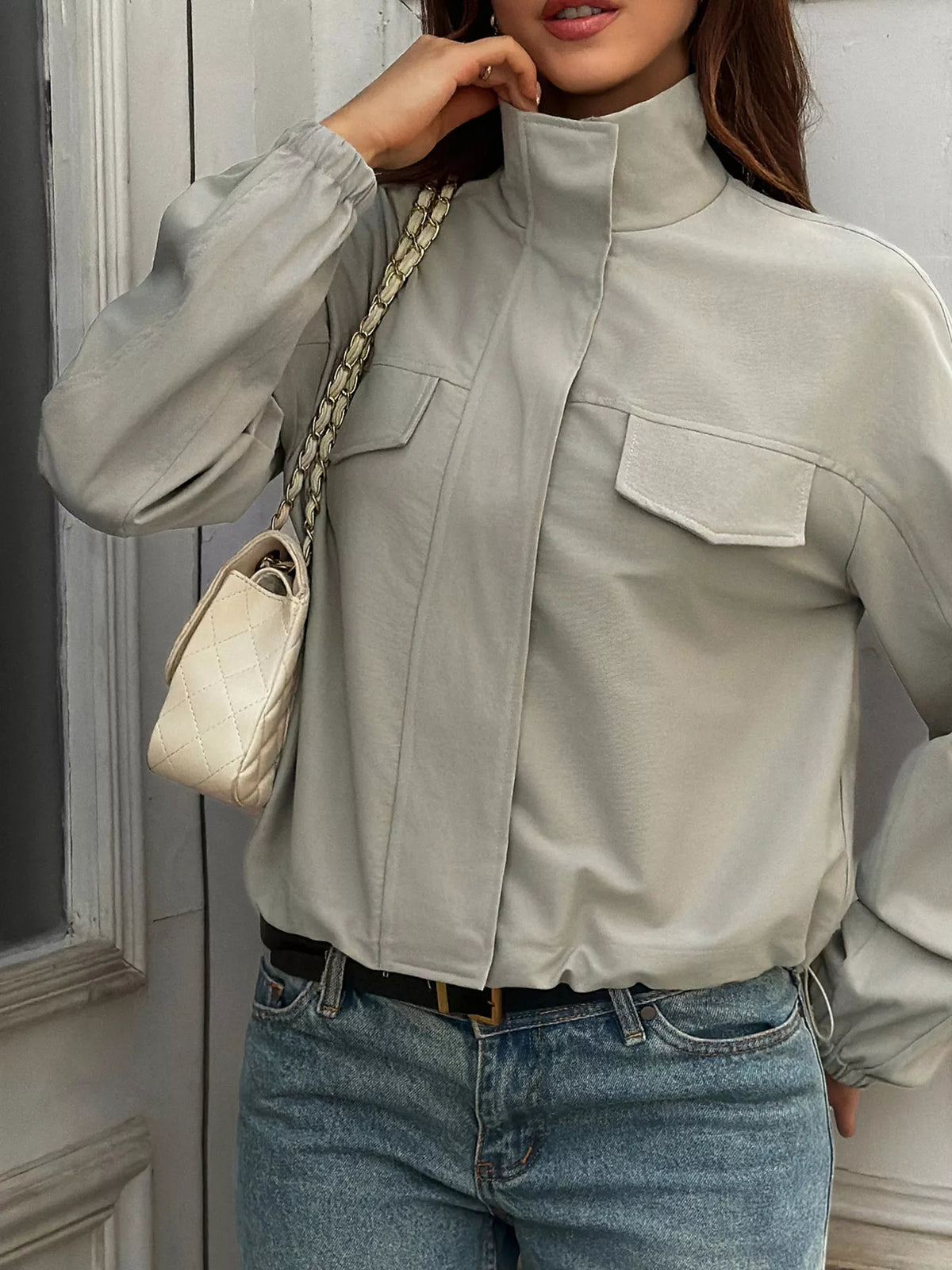 Stand Collar Zip Up Jacket in gray, front view