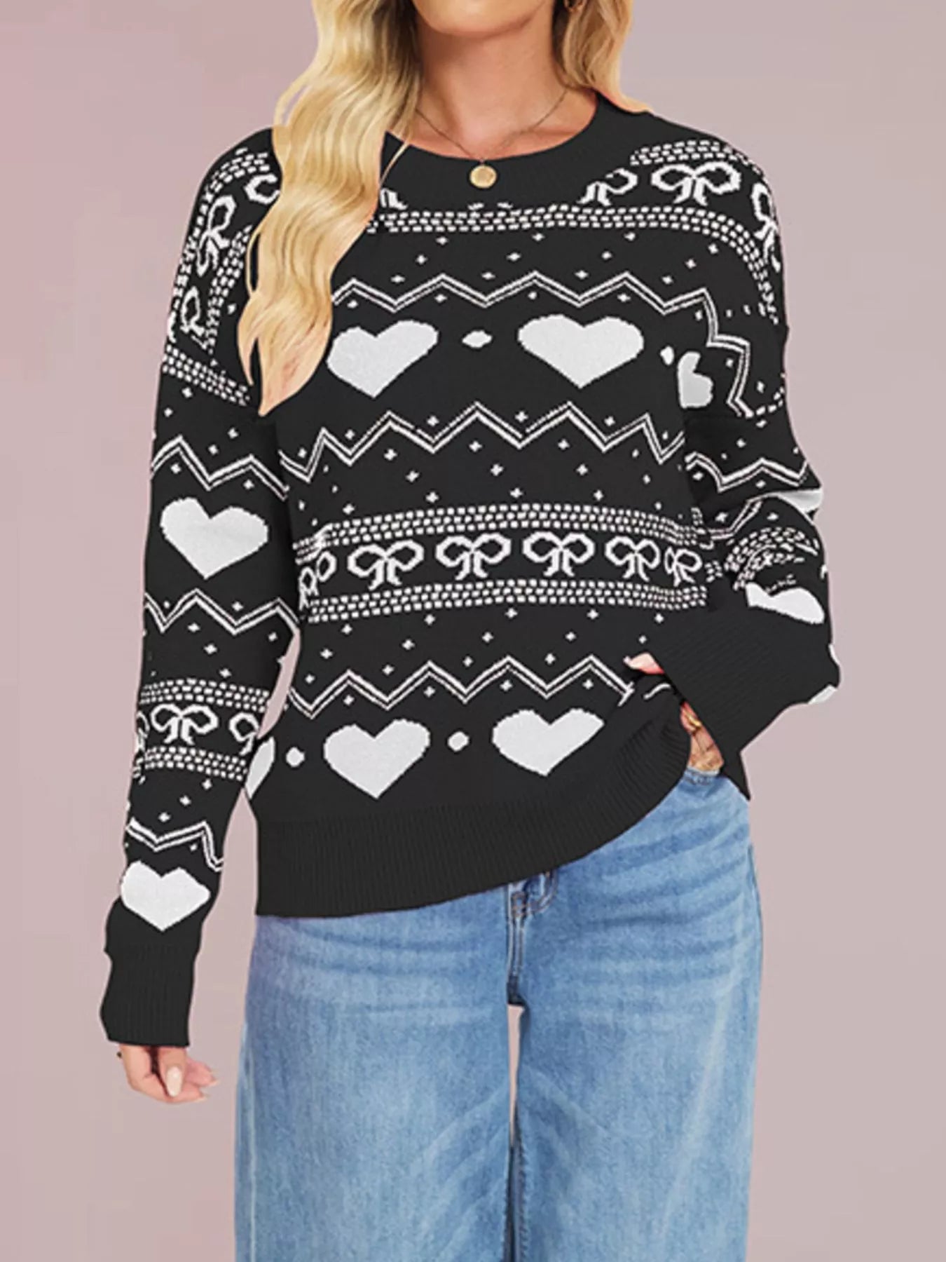 Trendsi Heart Pattern Dropped Shoulder Sweater -