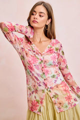 Trendsi BiBi Floral Shrried Detail Button Up Mesh Cardigan Top -