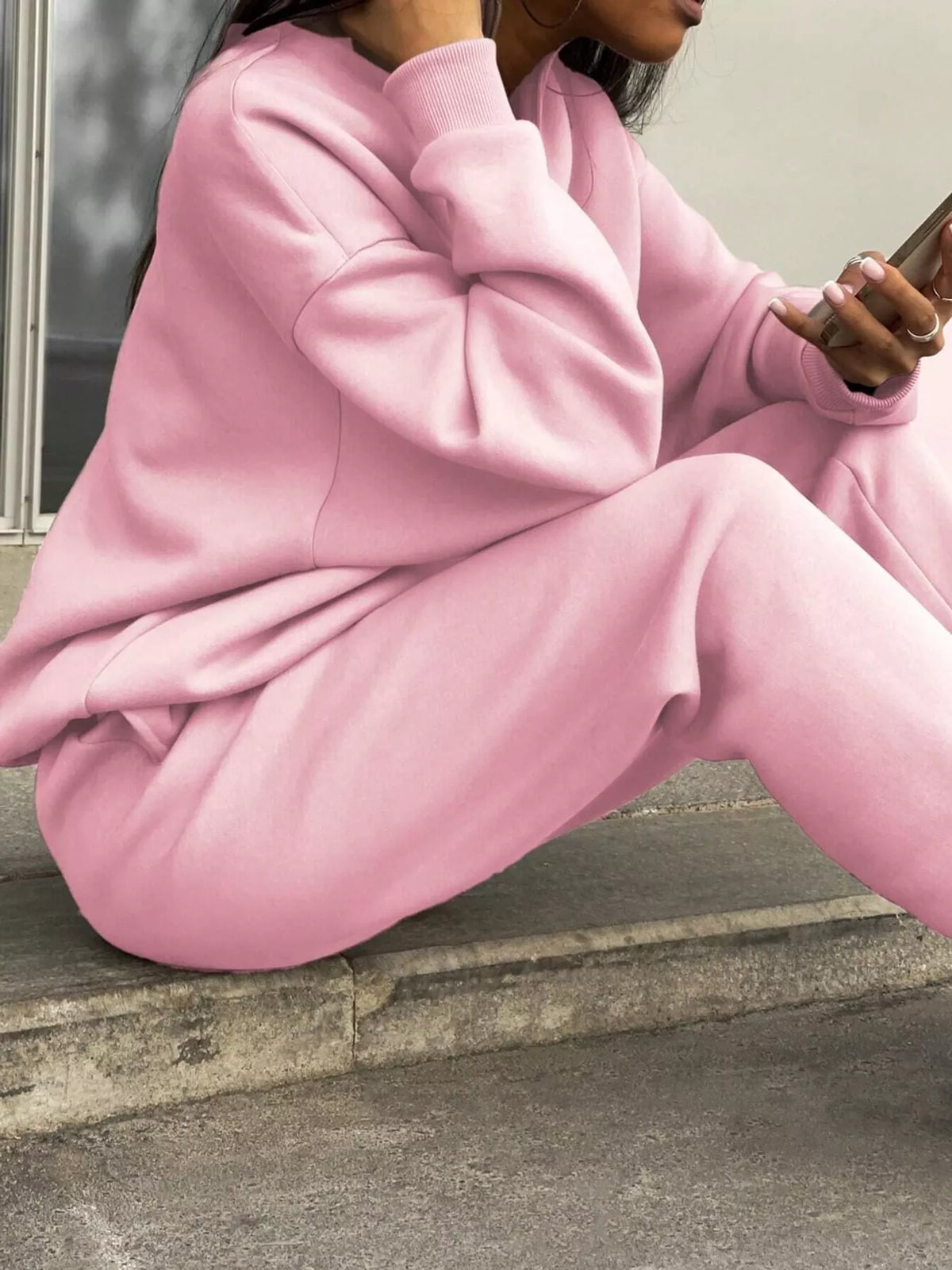 Half-zip top and pants set, pink seated side