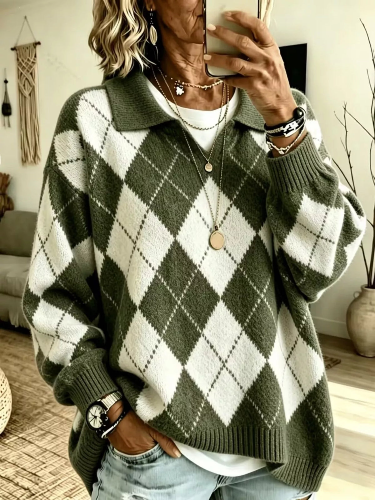 Women's Argyle Pattern Polo Collar Sweater in olive and white — front view