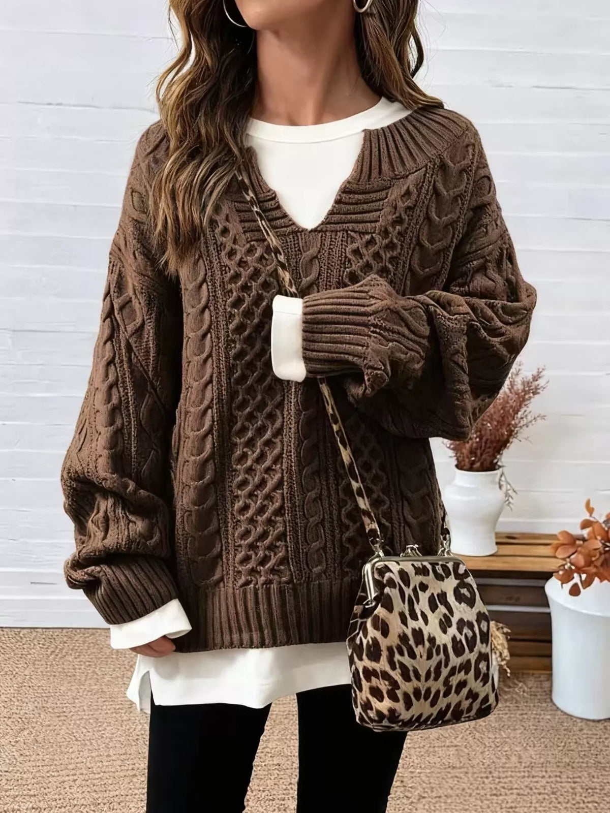 Brown Cable Knit Dropped Shoulder Sweater front view