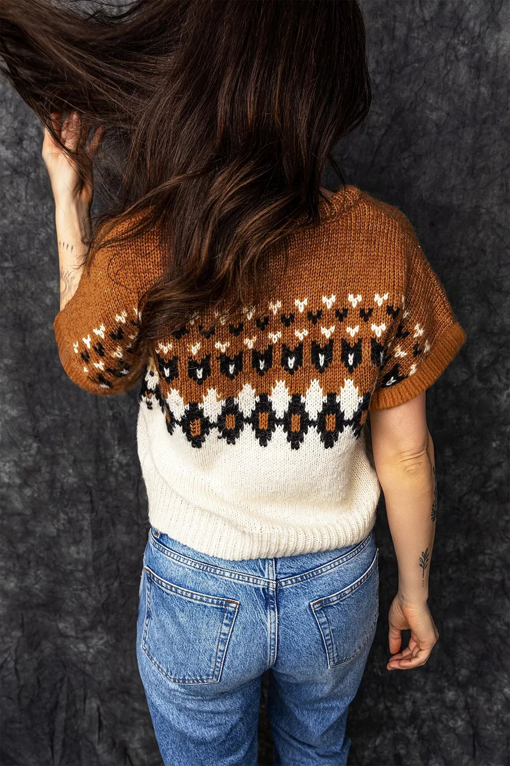 Trendsi V Neck Short Sleeve Geometric Sweater -