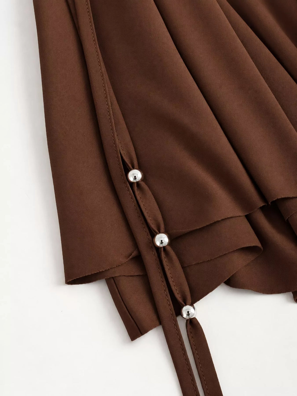 Ruched Asymmetrical Drawstring Mini Skirt, detail view in brown
