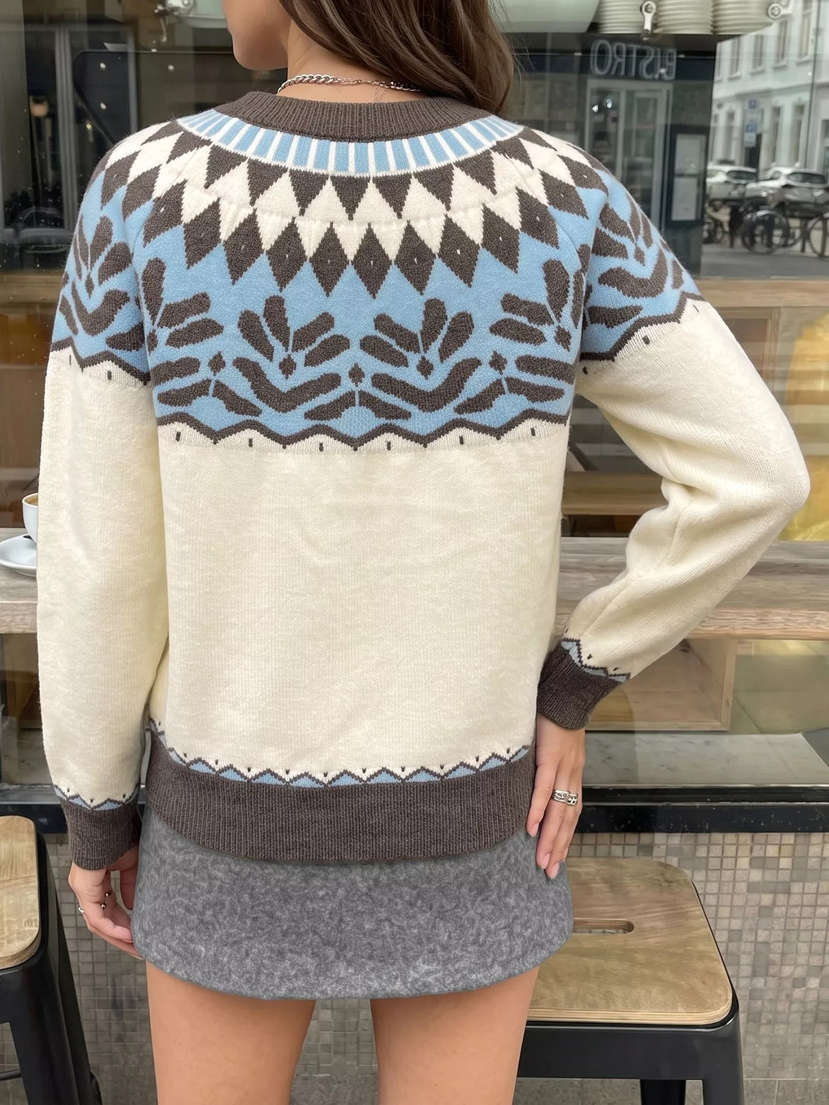 Cream Fair Isle round neck sweater, back view
