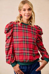 Trendsi BiBi Christmas Plaid Exaggerated Shoulder Sleeves Top -