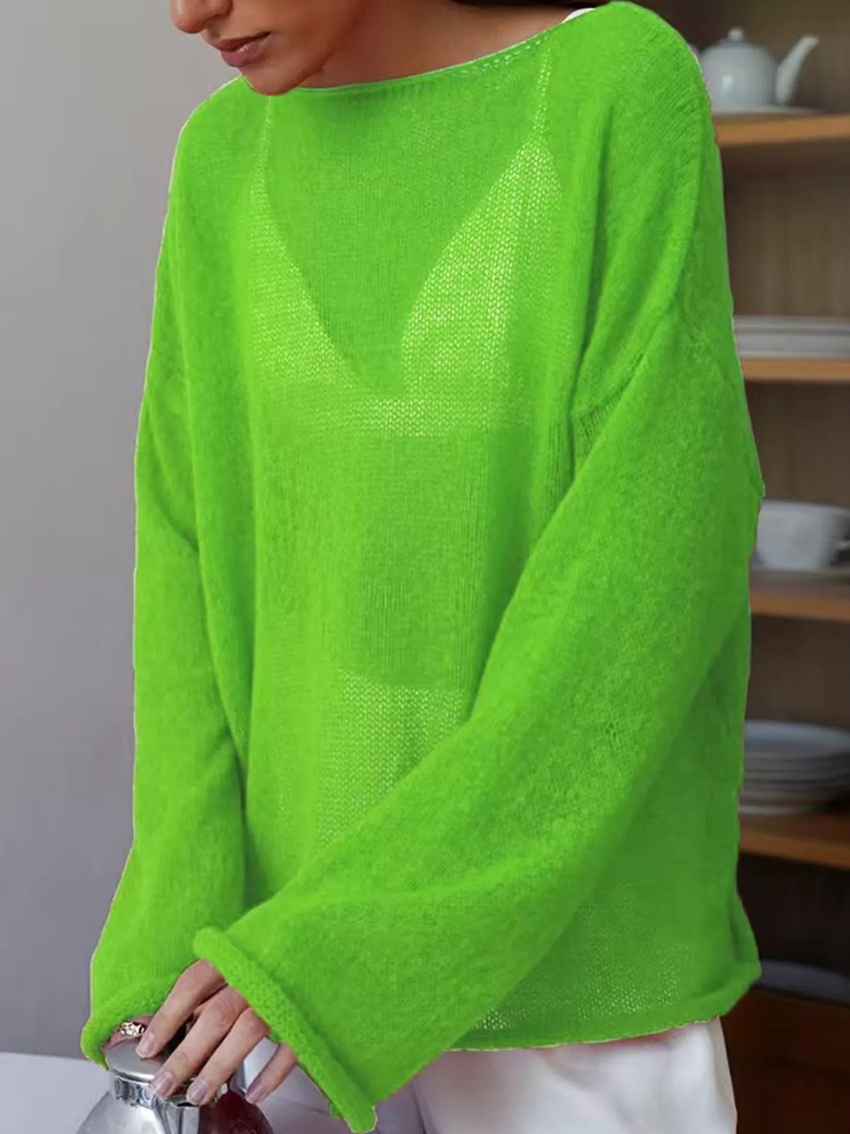 Lime sheer openwork knit long sleeve top
