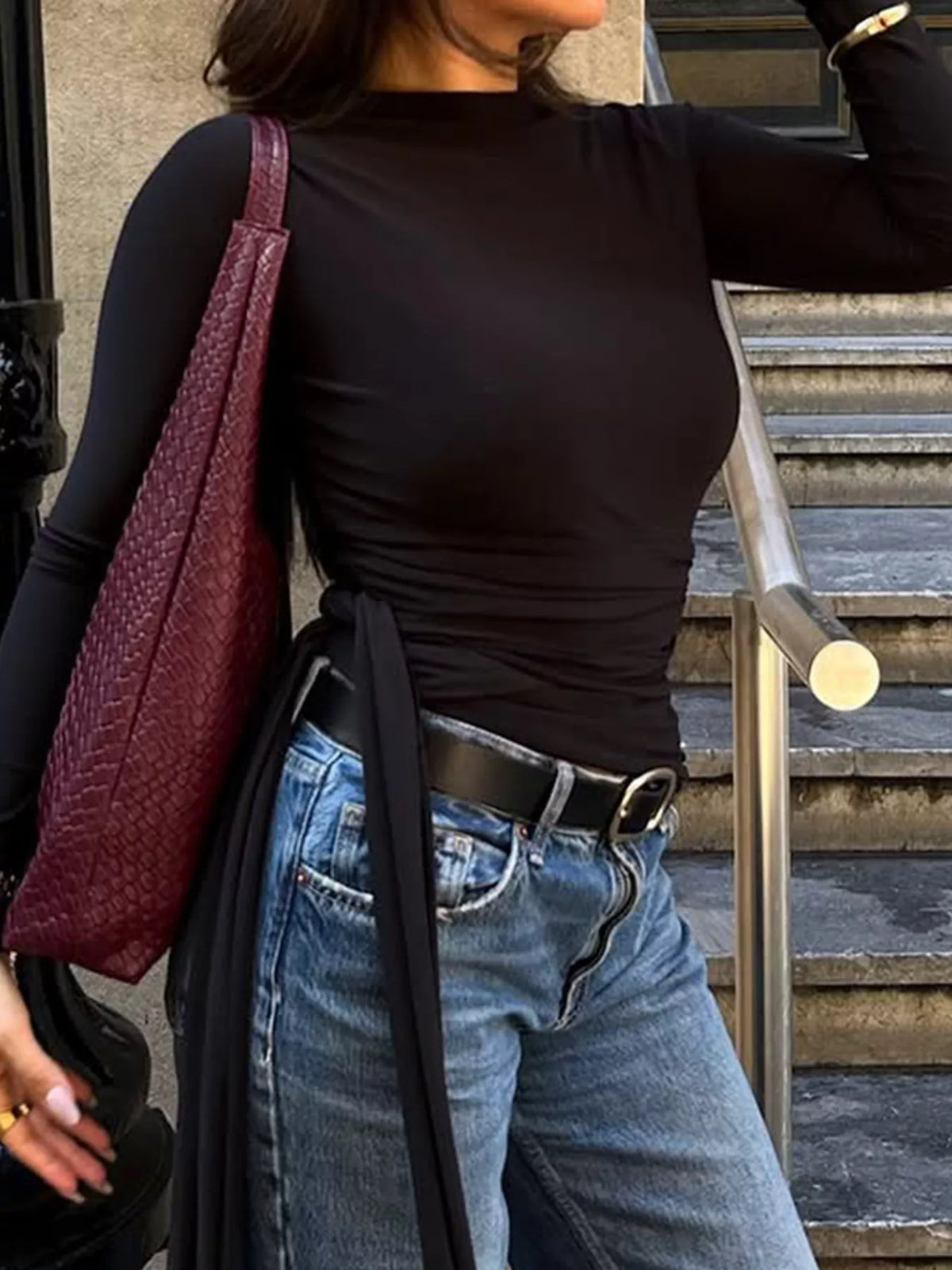 Mock Neck Long Sleeve T-Shirt in black, front view