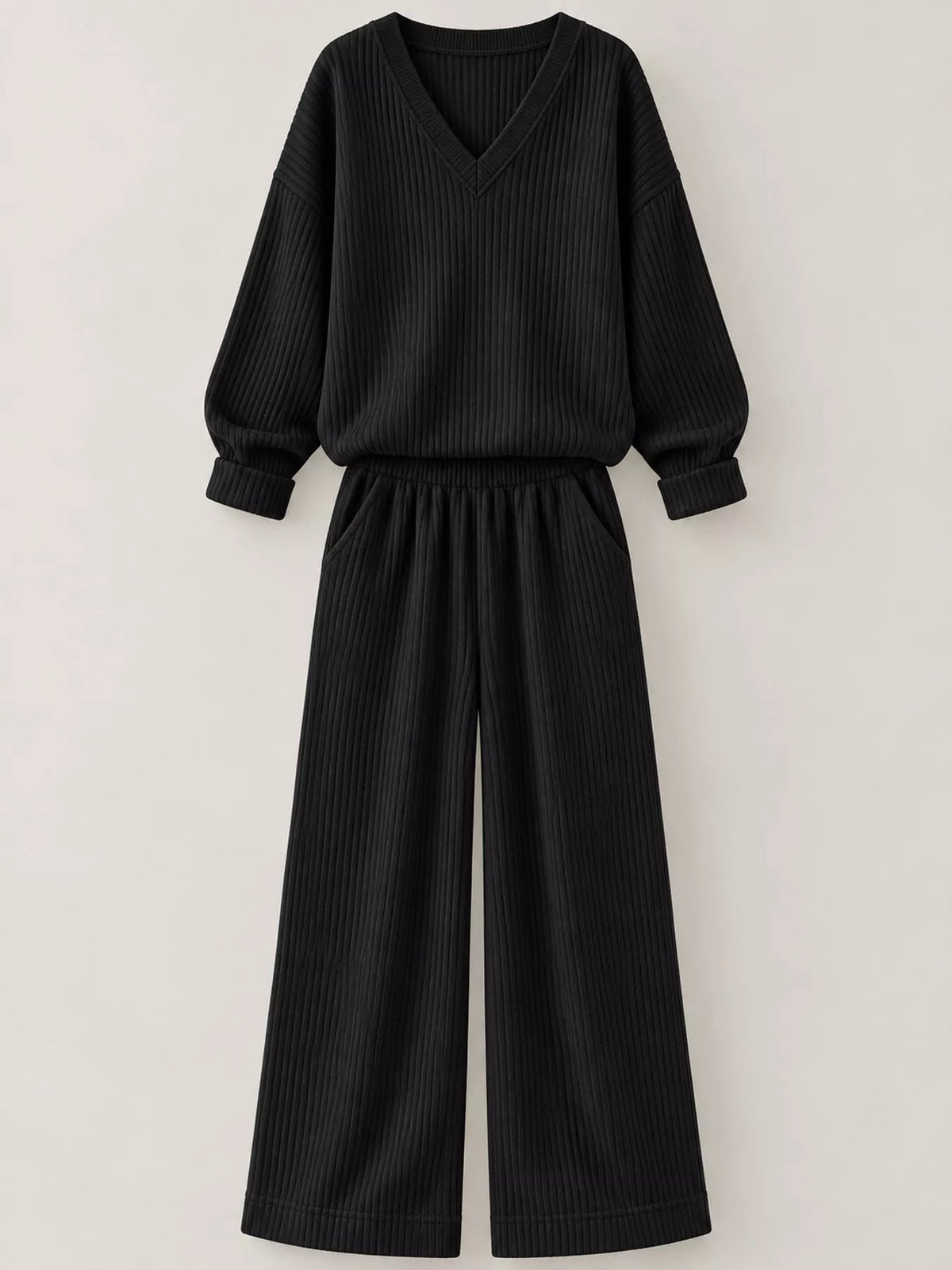 Black corduroy v-neck top and pants set — front view