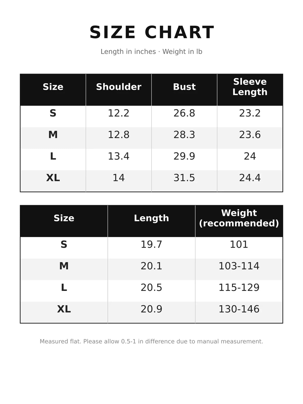 Size chart for button detail long sleeve t-shirt