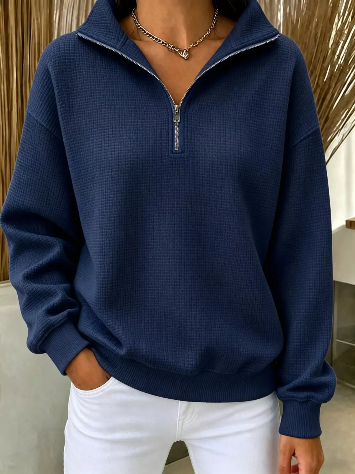 Trendsi Full Size Waffle Knit Quarter-Zip Sweatshirt Plus Size -