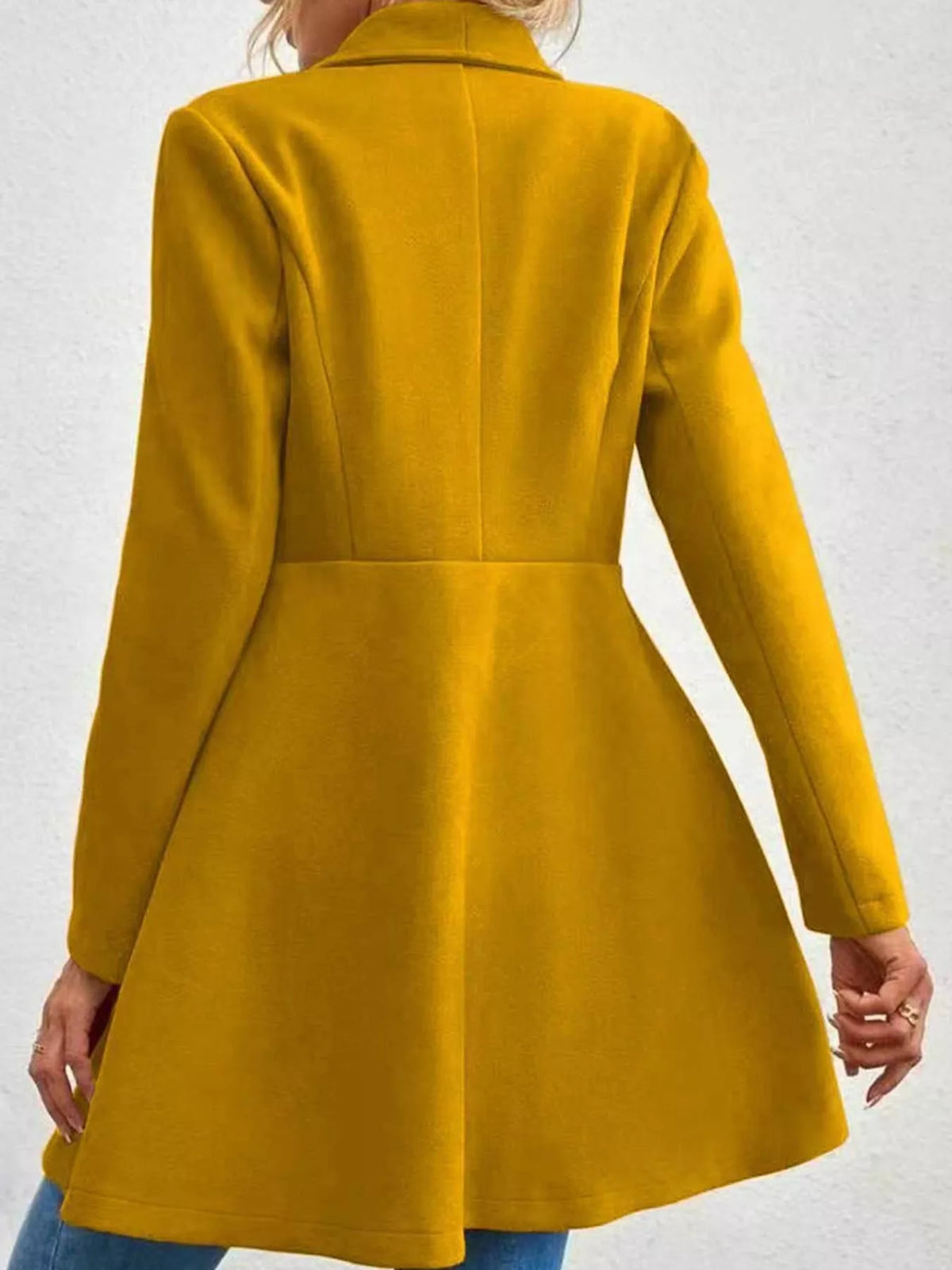 Camel double-breasted slim-fit coat, back view