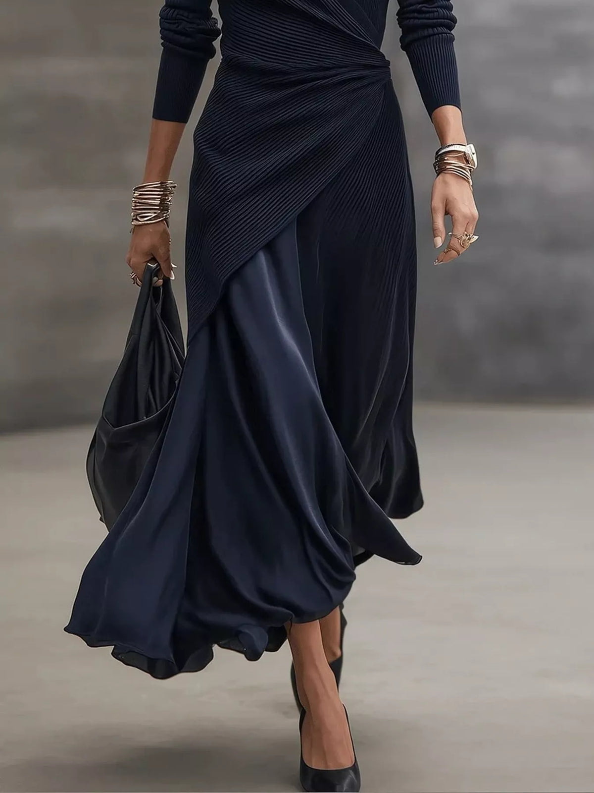 Navy surplice long sleeve midi dress, detail view