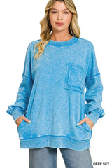 Trendsi Zenana Acid Wash Raw Edge French Terry Sweatshirt with Front Pocket -