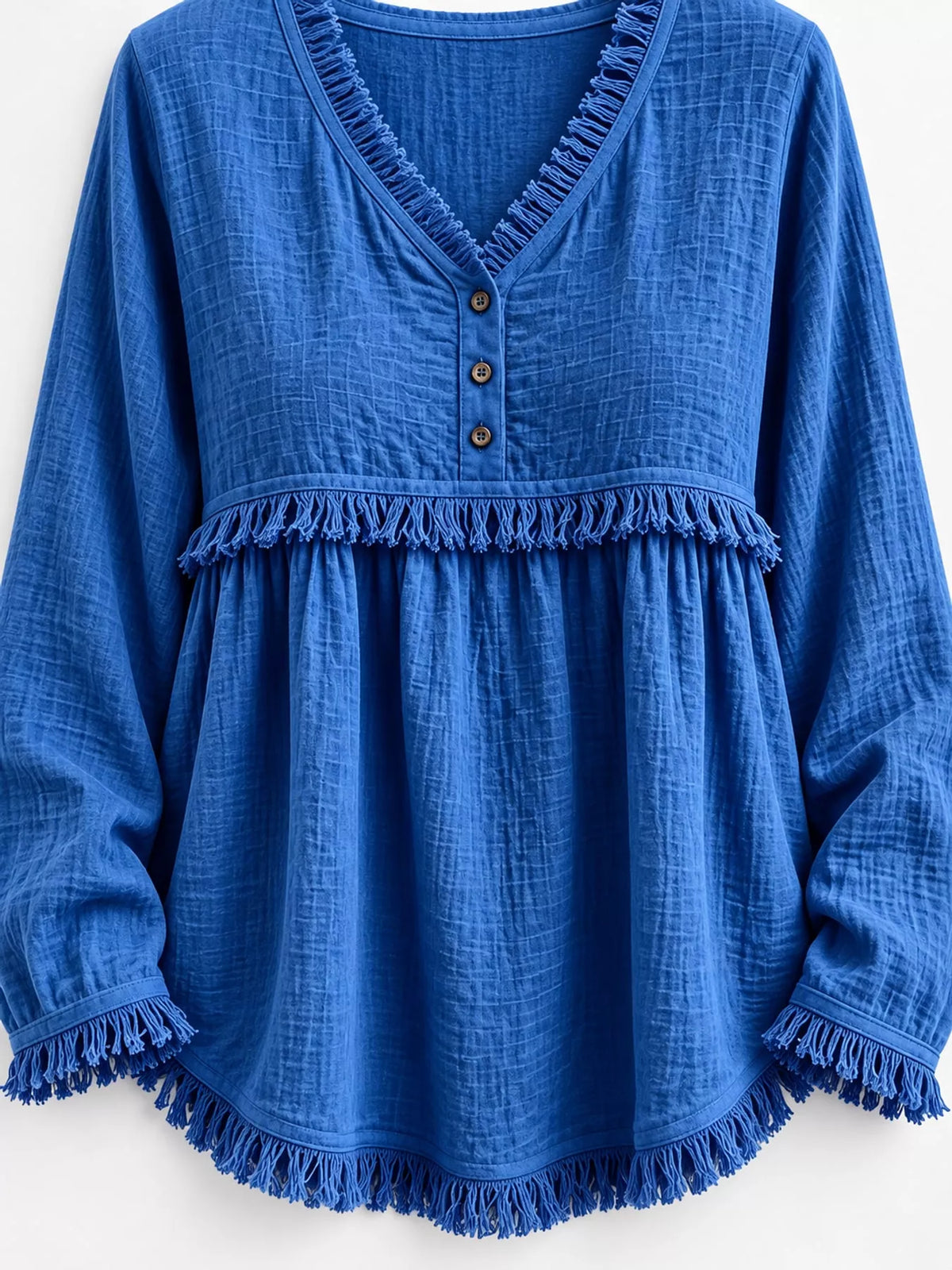 Fringe-trim blouse, blue neckline and hem detail