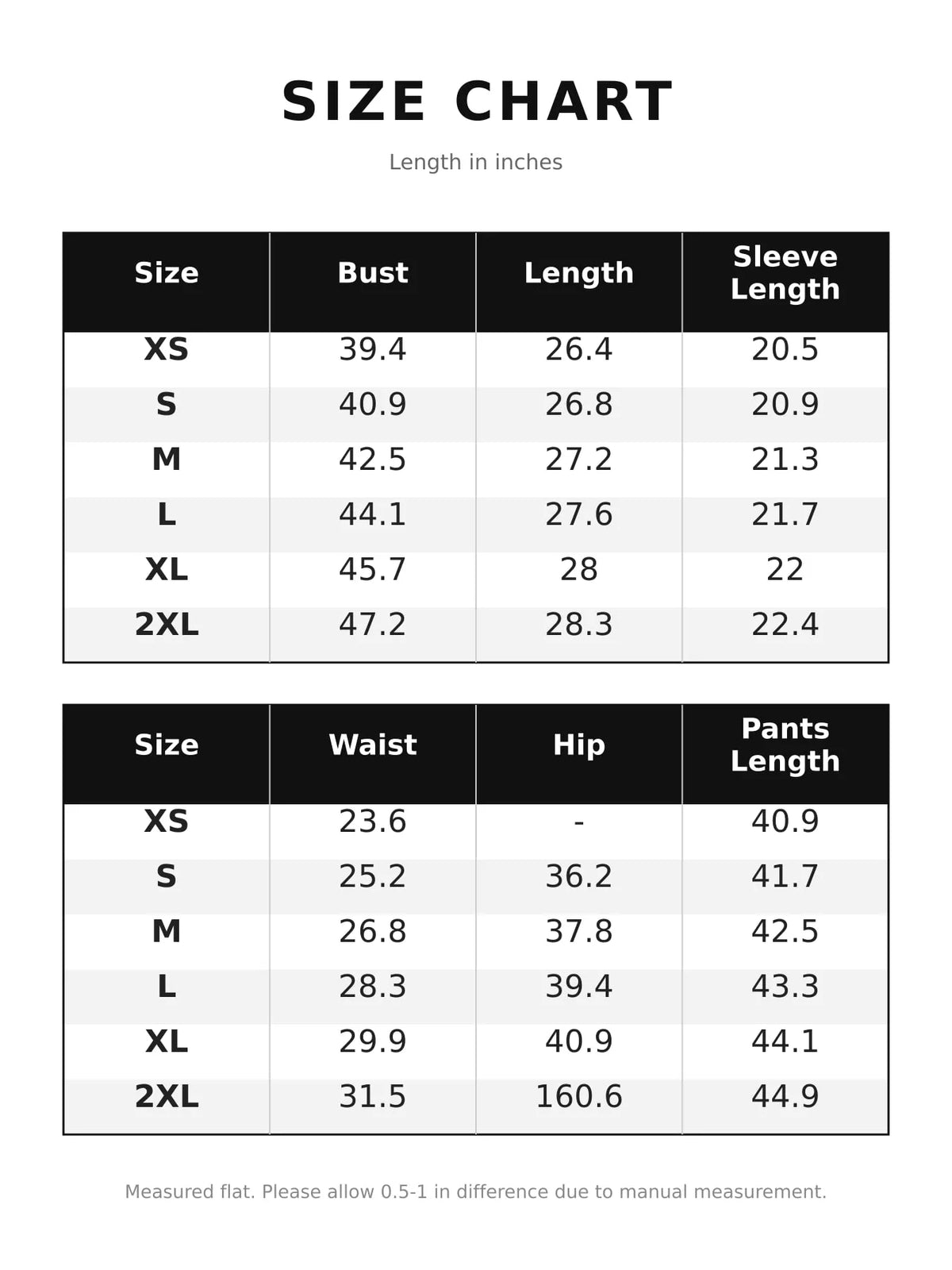 Size chart for polo top and pants set