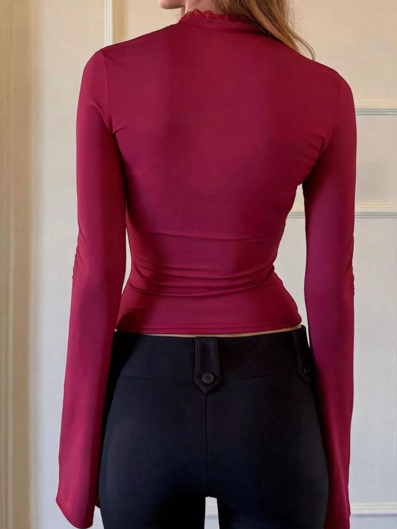 Trendsi Lace-Trimmed Keyhole Long Sleeve T-Shirt -