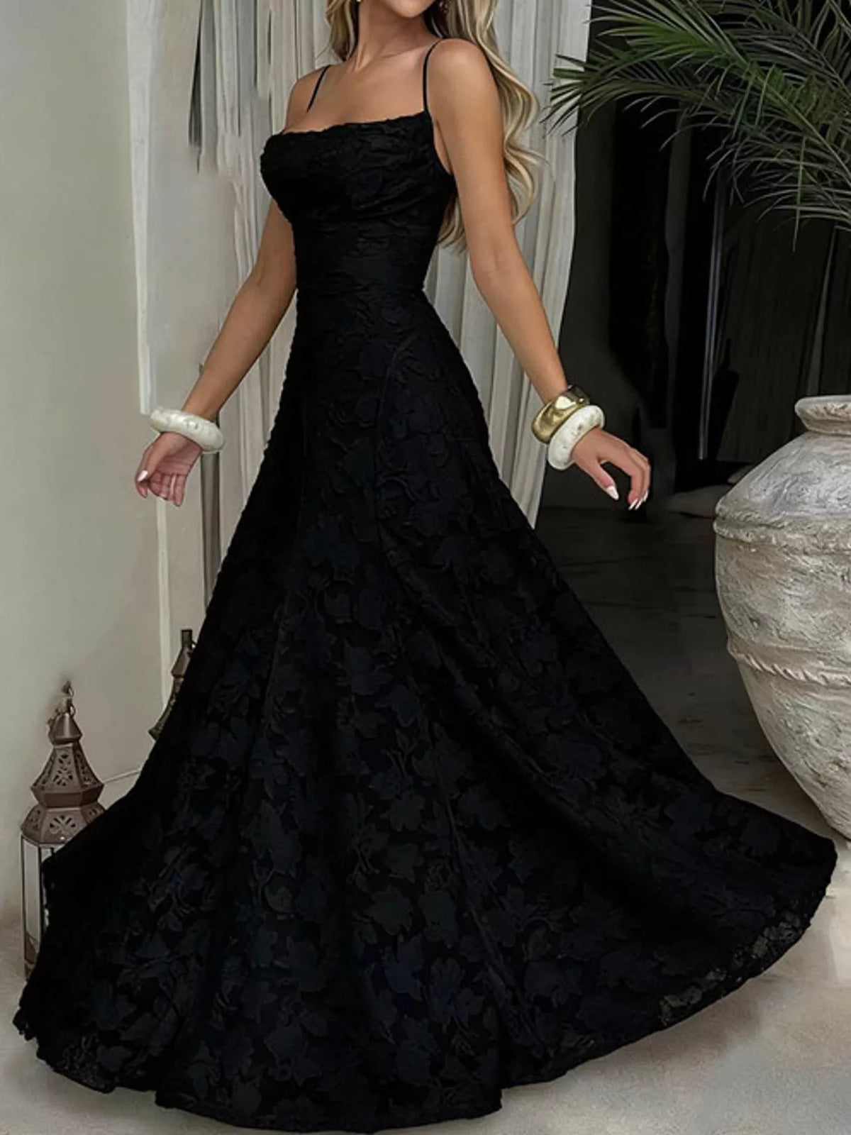 Black backless lace maxi dress, front view