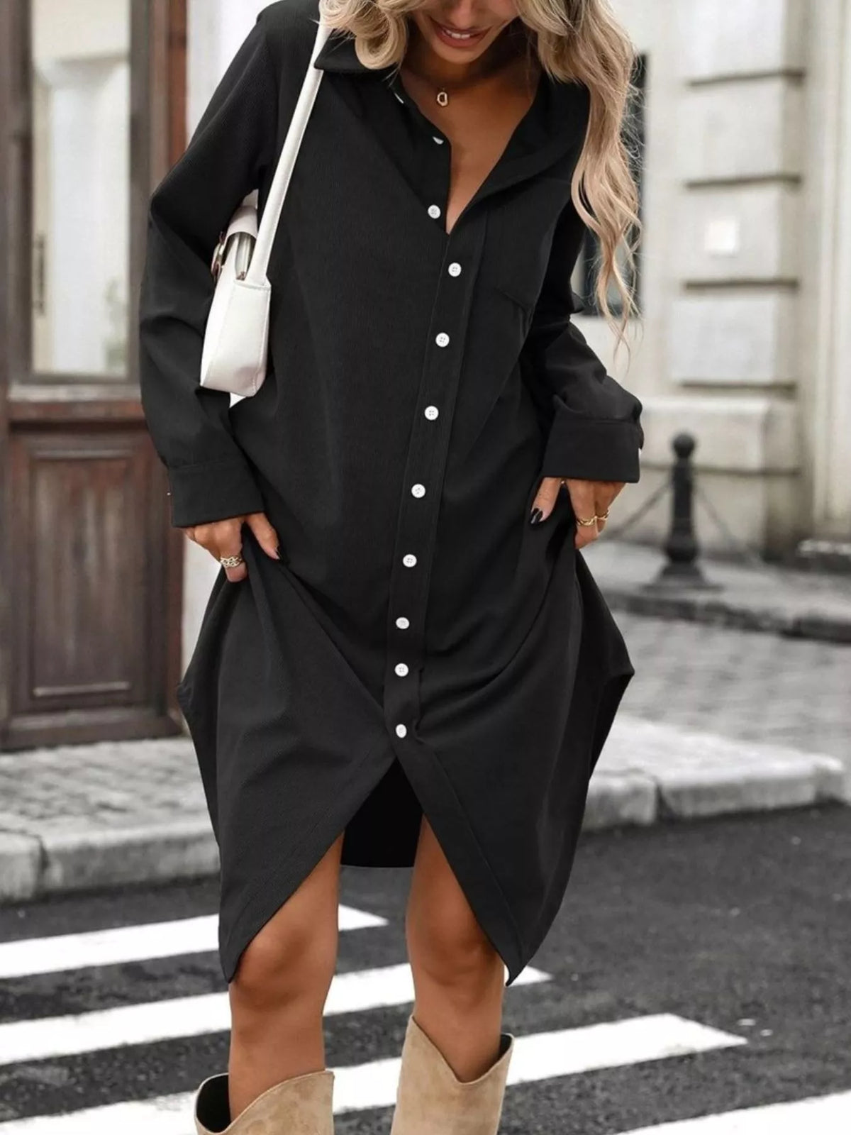 Trendsi Corduroy Shirt Dress with Button-Down Front -