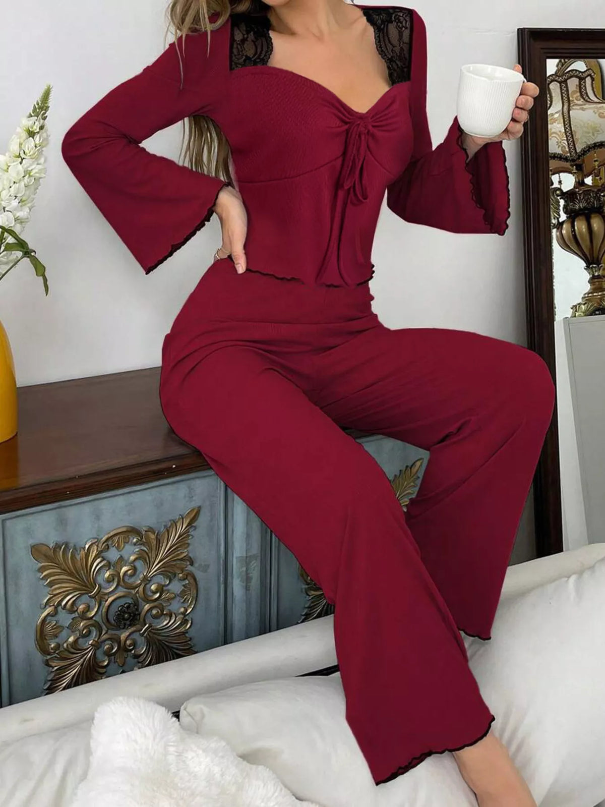 Red Lace-Trim Flare-Sleeve Top & Pants Lounge Set alternate seated view