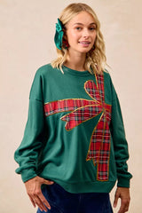 Trendsi BiBi Plaid Ribbon Bow Detail Christmas Fleece Pullover -