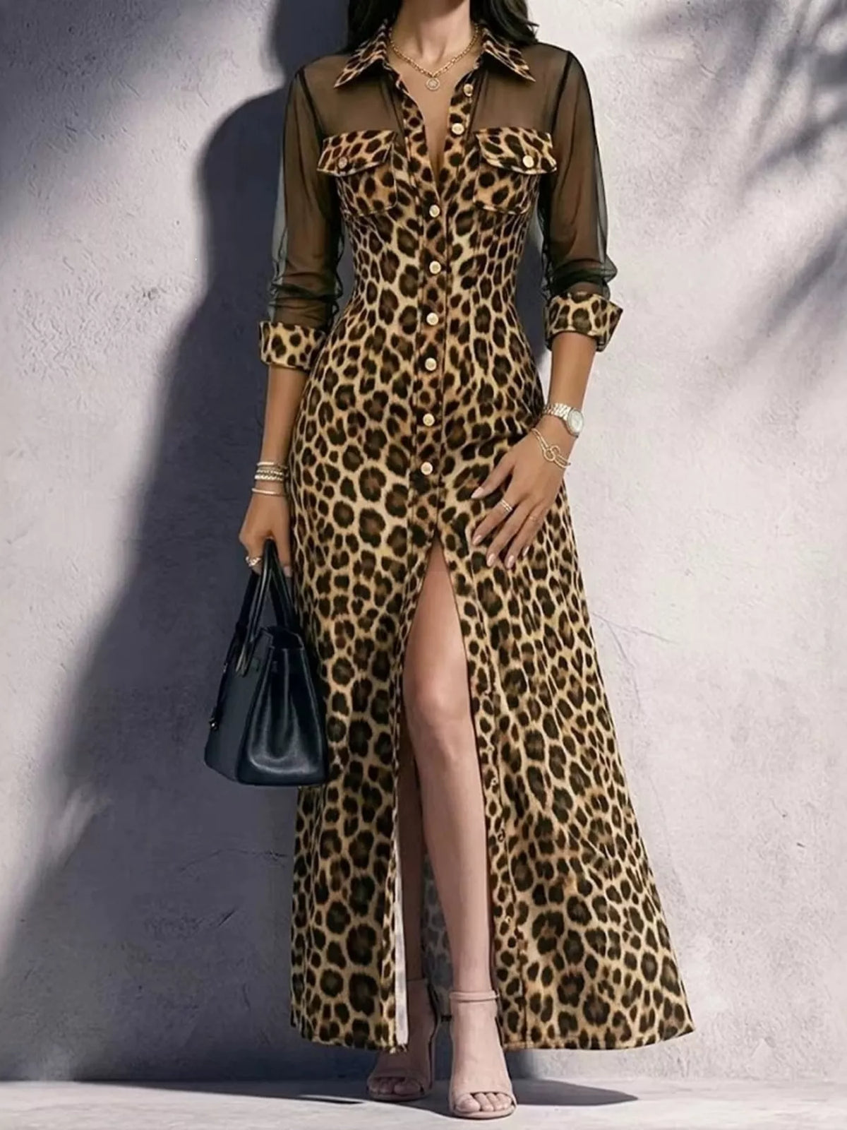 Women's Leopard Sheer Mesh Long Sleeve Button-Down Maxi Dress in Khaki, front view