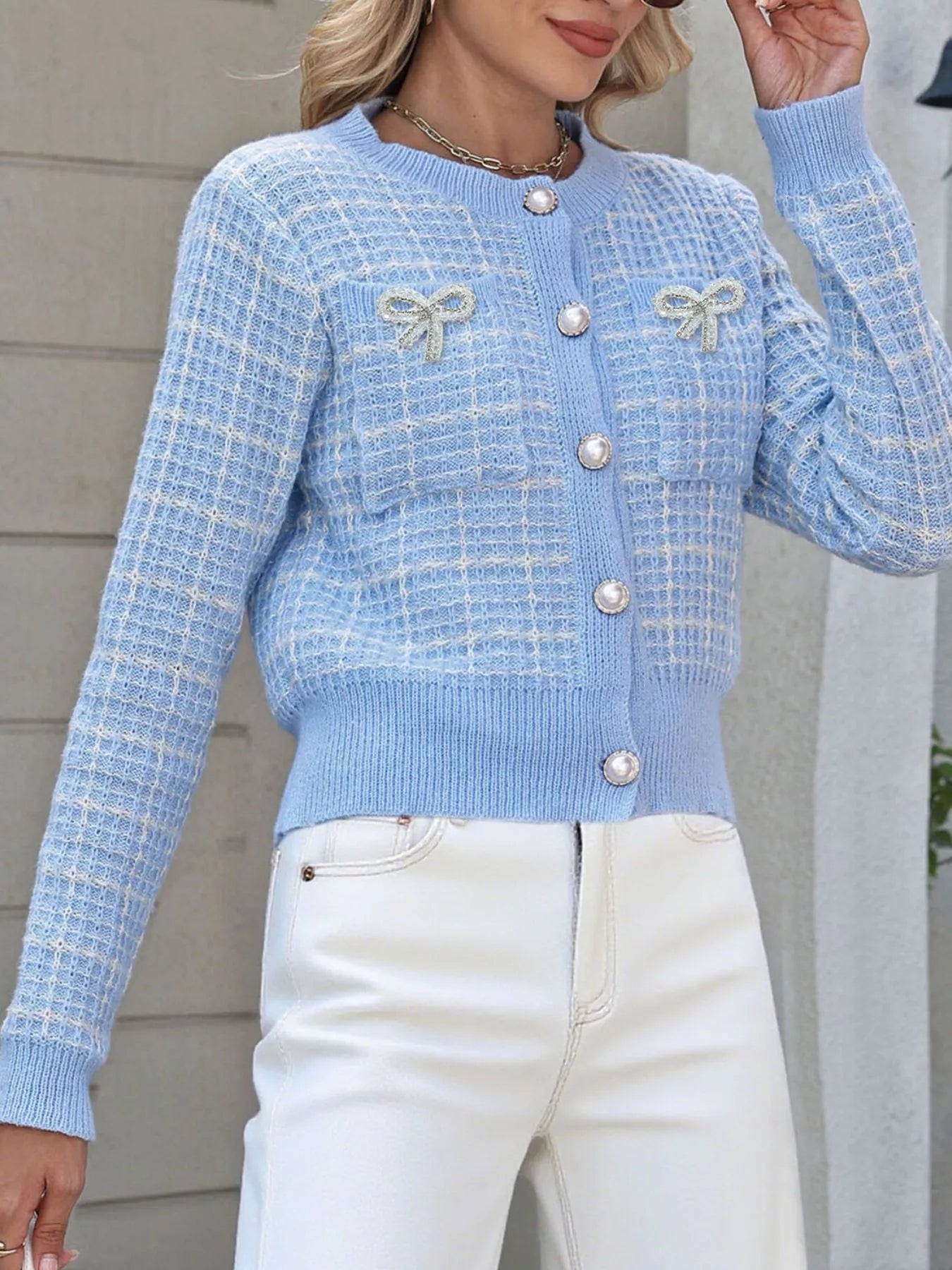 Tweed-style bow button-down cardigan
