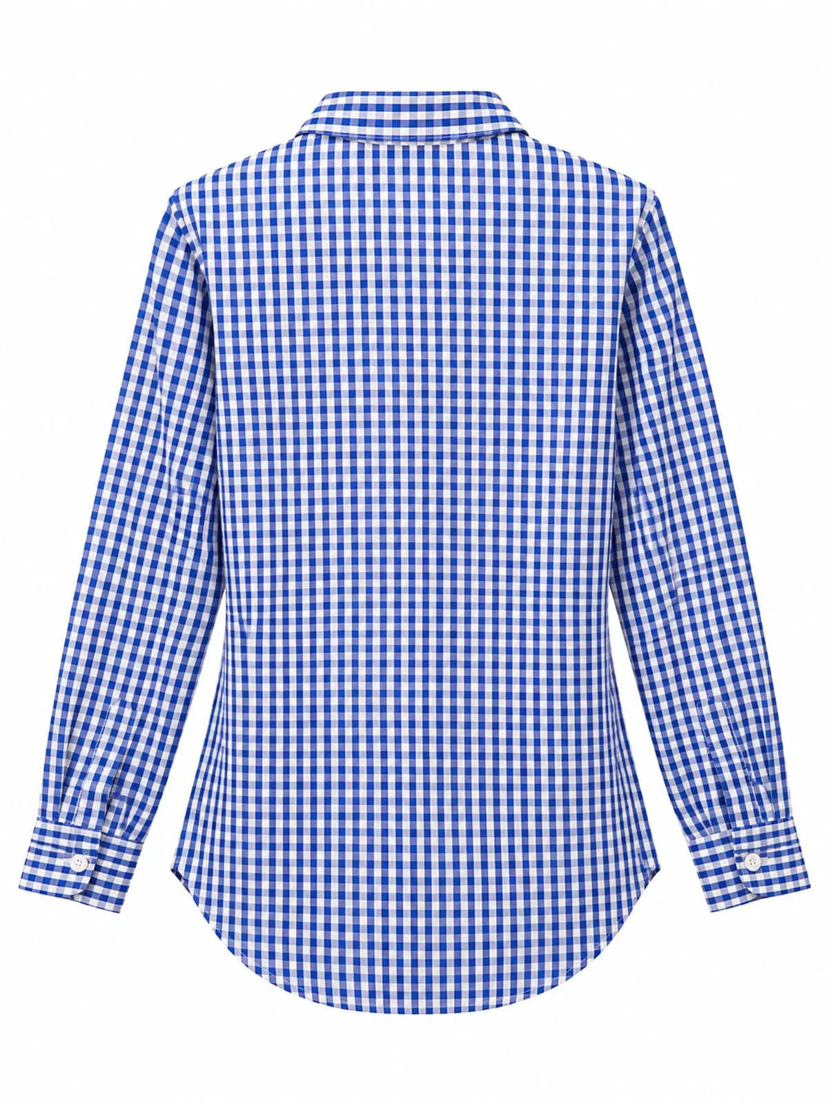 Navy and white plaid button-down shirt, back view