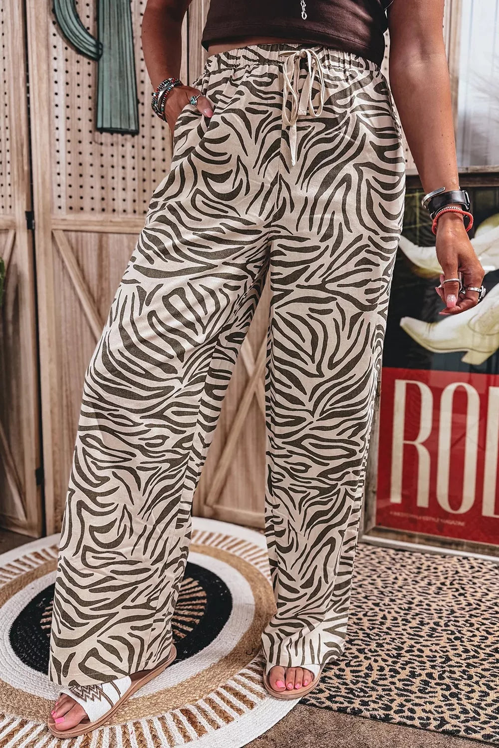 Trendsi Multicolour Western Print Zebra Pattern Elastic Waist Pocket Pants -