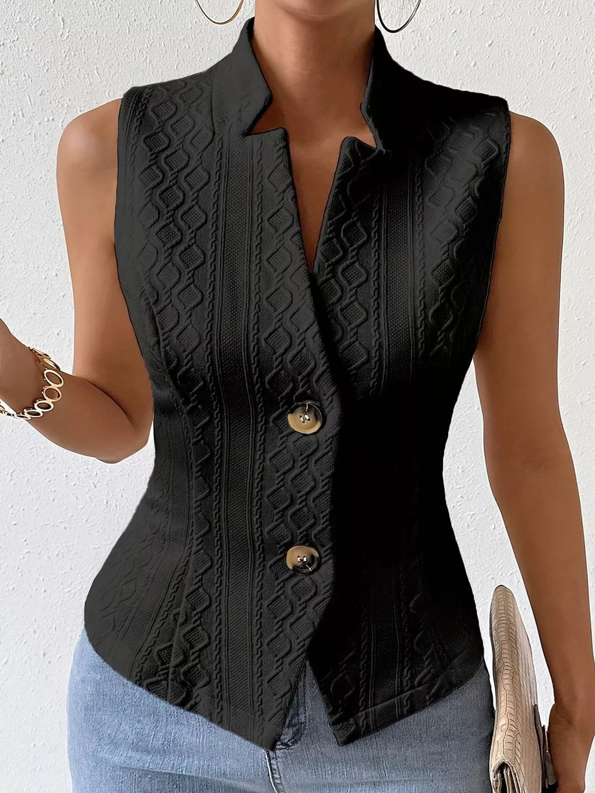 Textured Single-Breasted Vest in black, front view