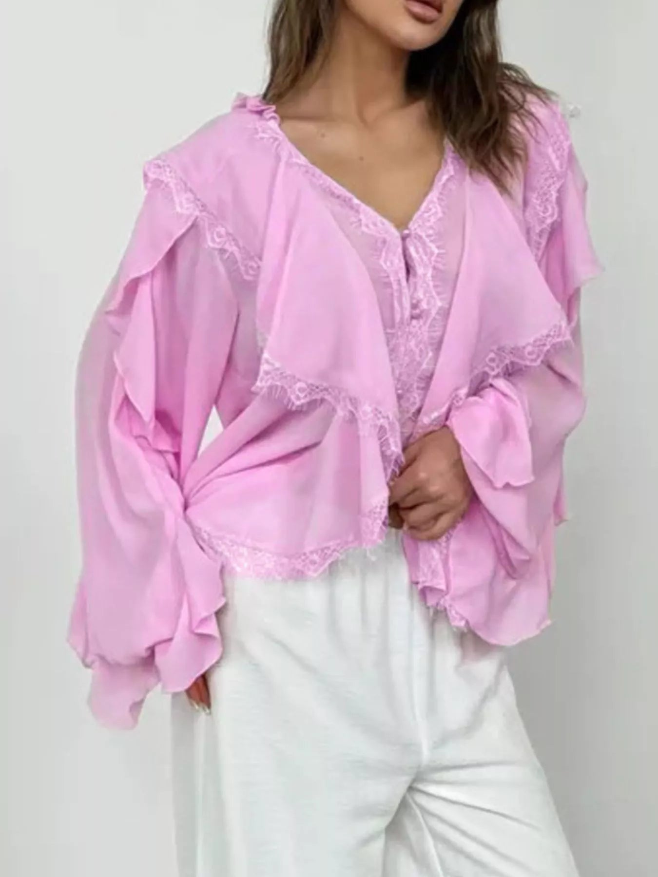 Trendsi V-Neck Ruffled Lace Trim Blouse -