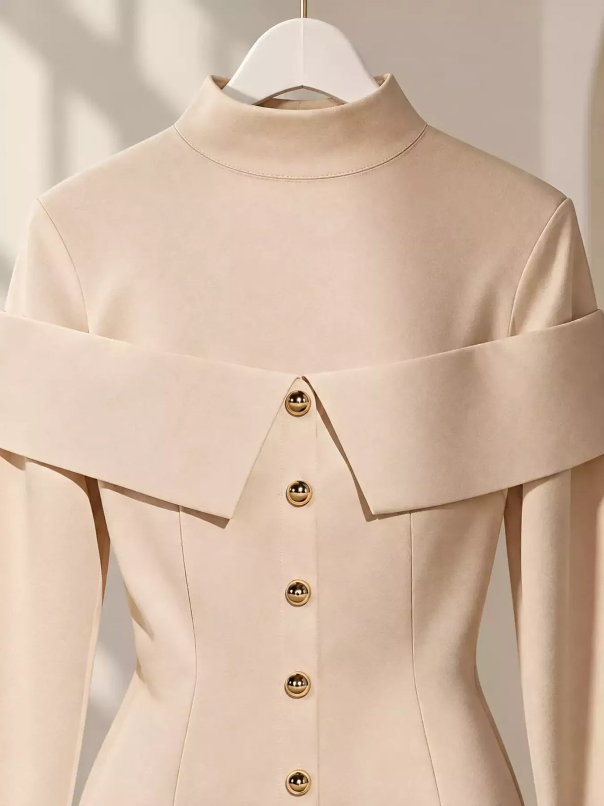 Women's Mock Neck Button Front Mini Dress in cream — neckline detail view