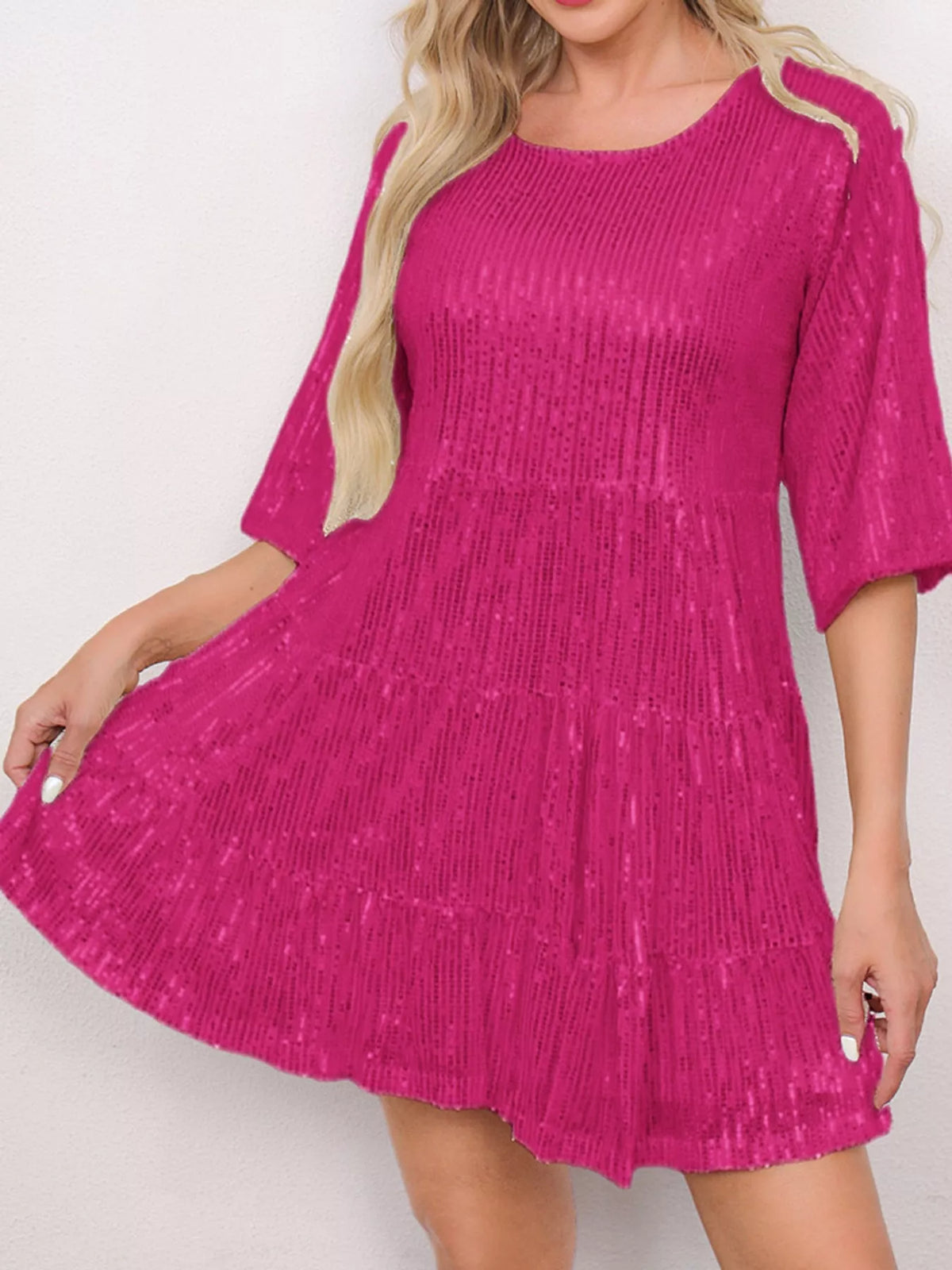 Round neck 3/4 sleeve mini dress, front view on model