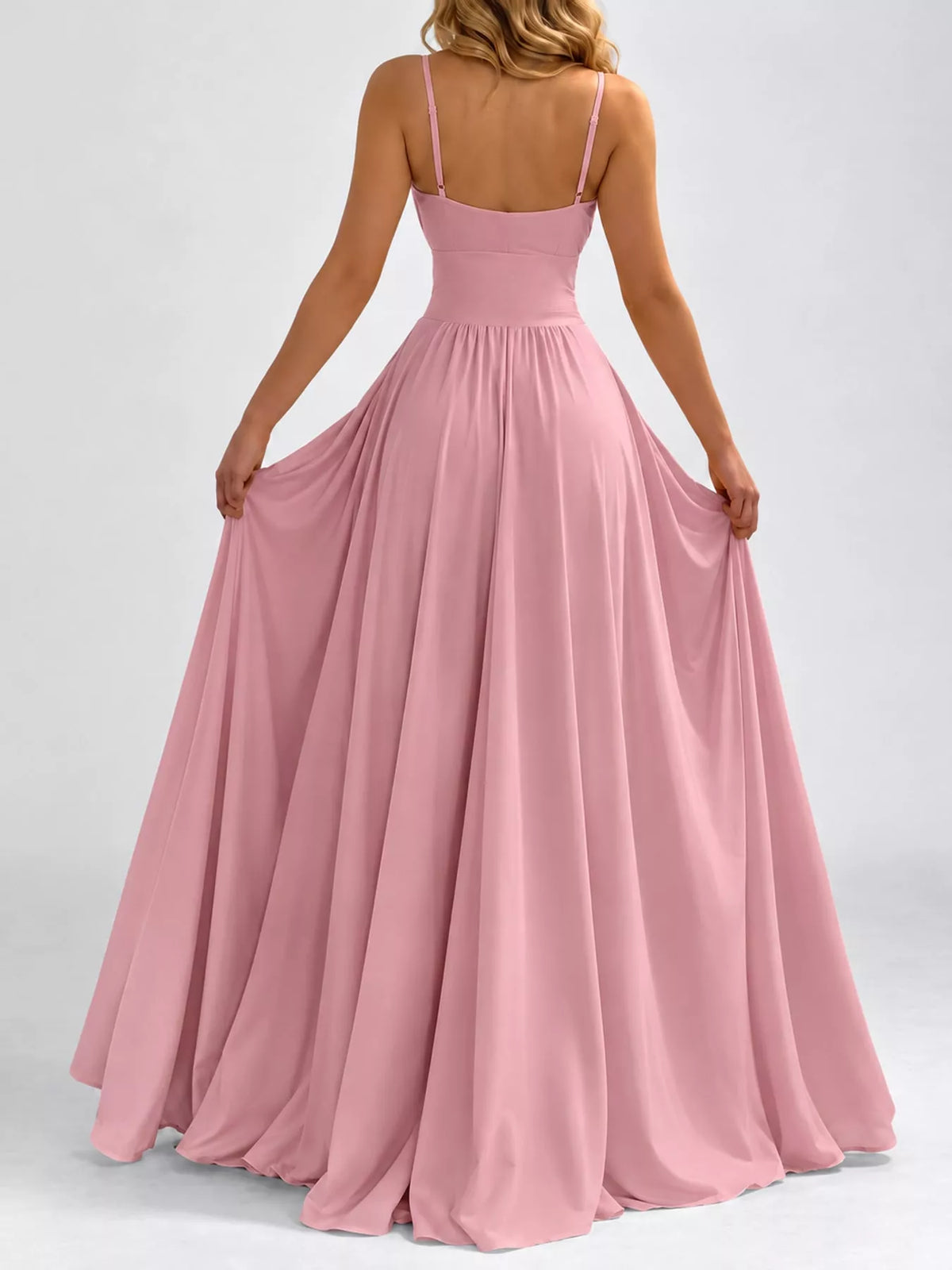 Pink sleeveless high slit maxi dress, back view