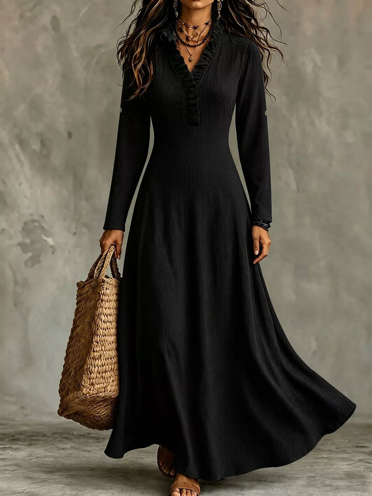 Frill-trim maxi dress, black front