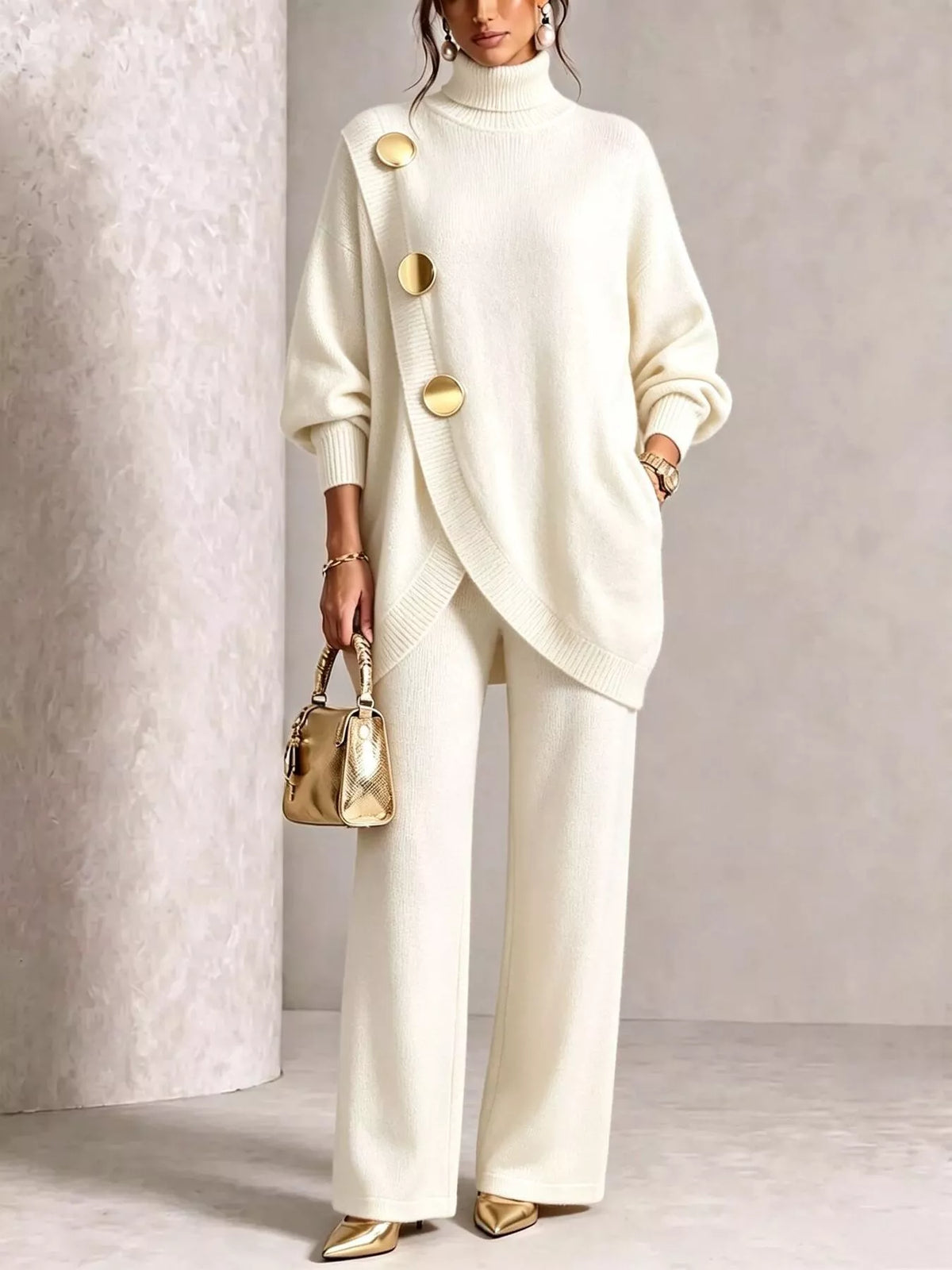 Turtleneck Asymmetric Sweater and Pants Set, front view