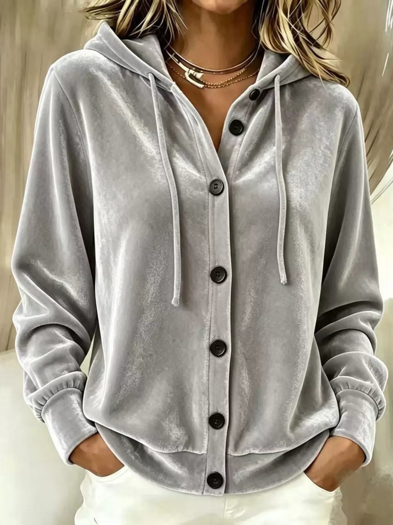 Trendsi Full Size Velvet Button-Down Hooded Outerwear Plus Size -