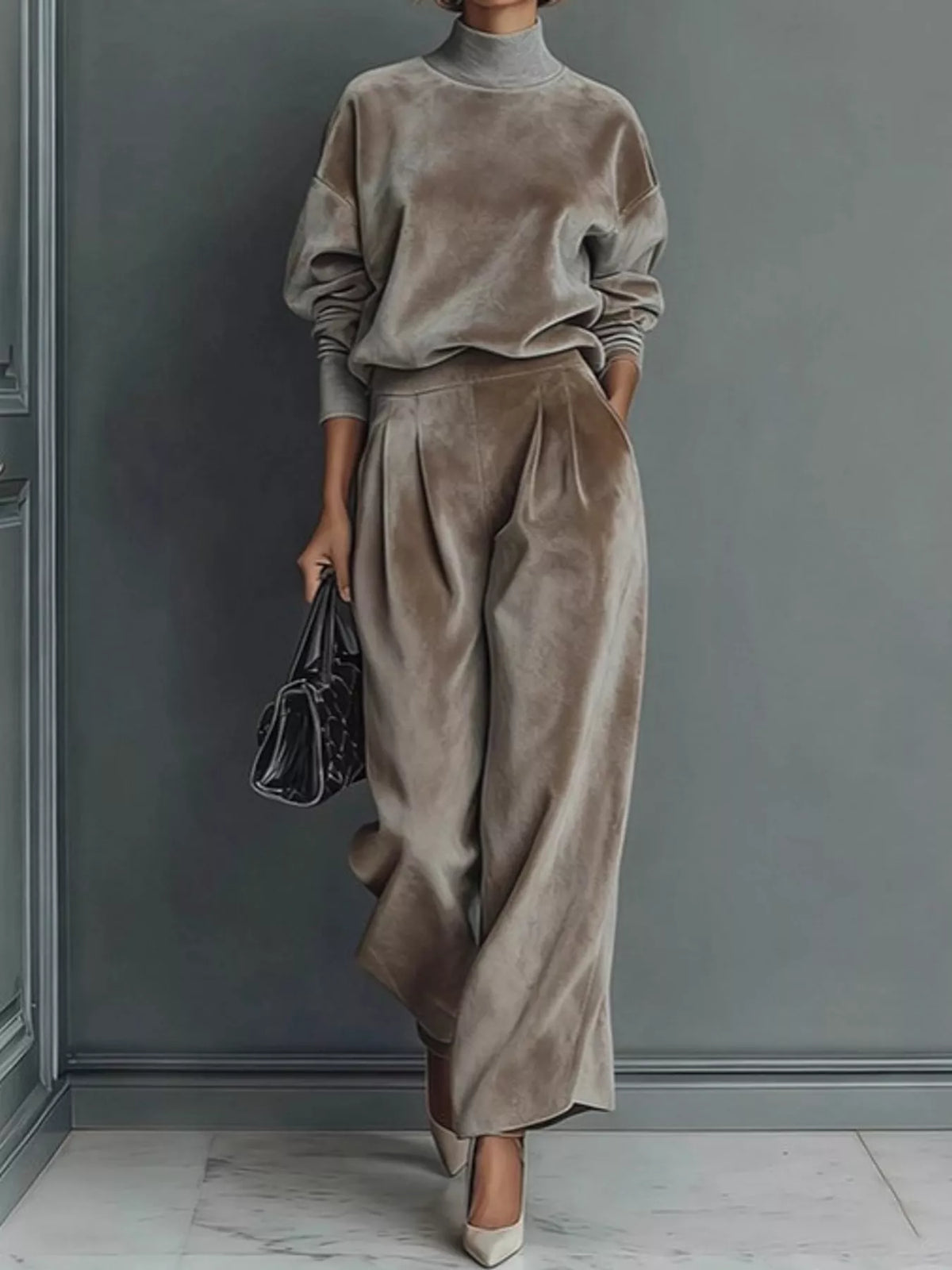 Taupe velvet mock neck top and wide-leg pants set