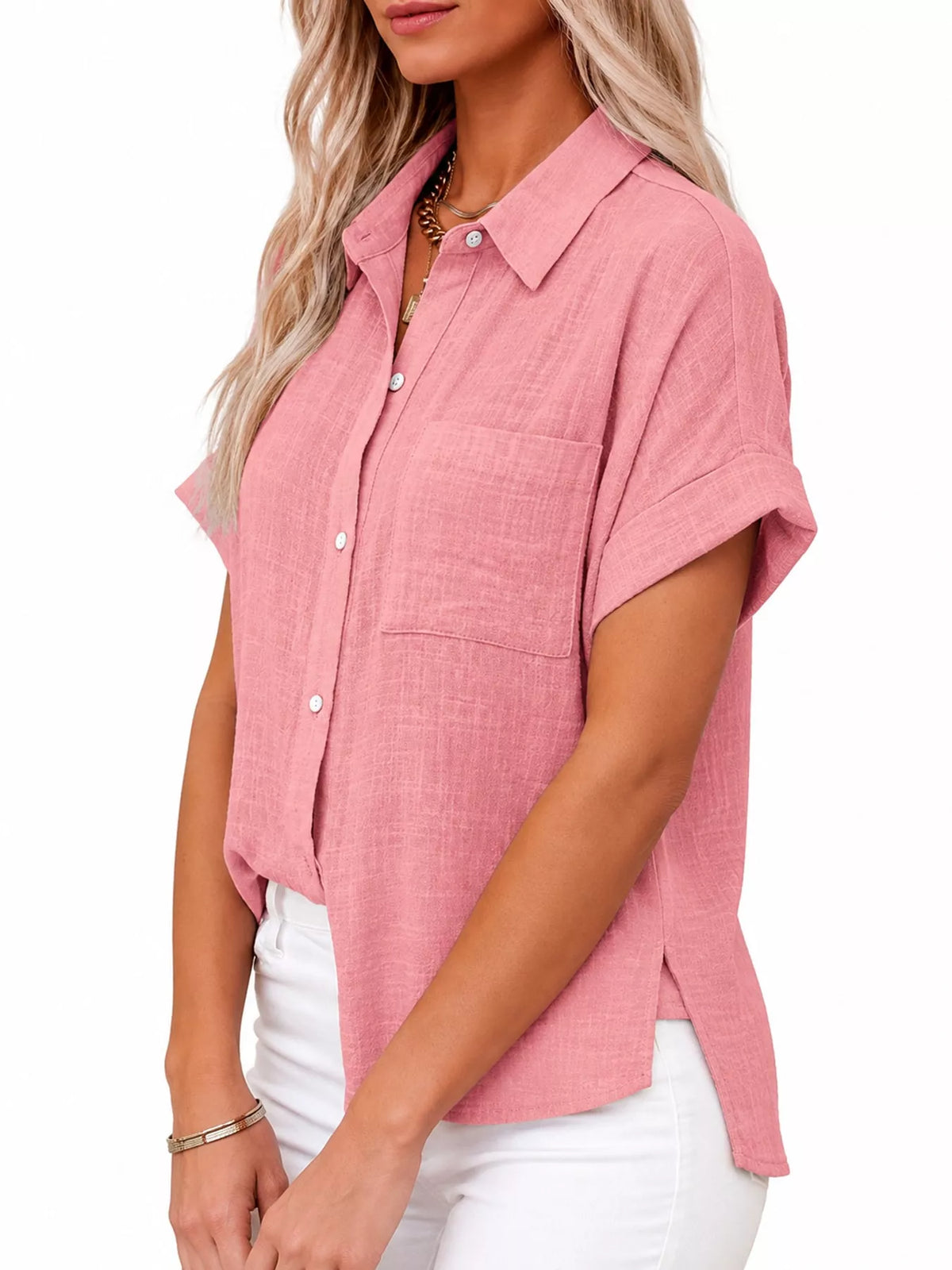 Women's Button Up Short Sleeve Shirt in pink — side view