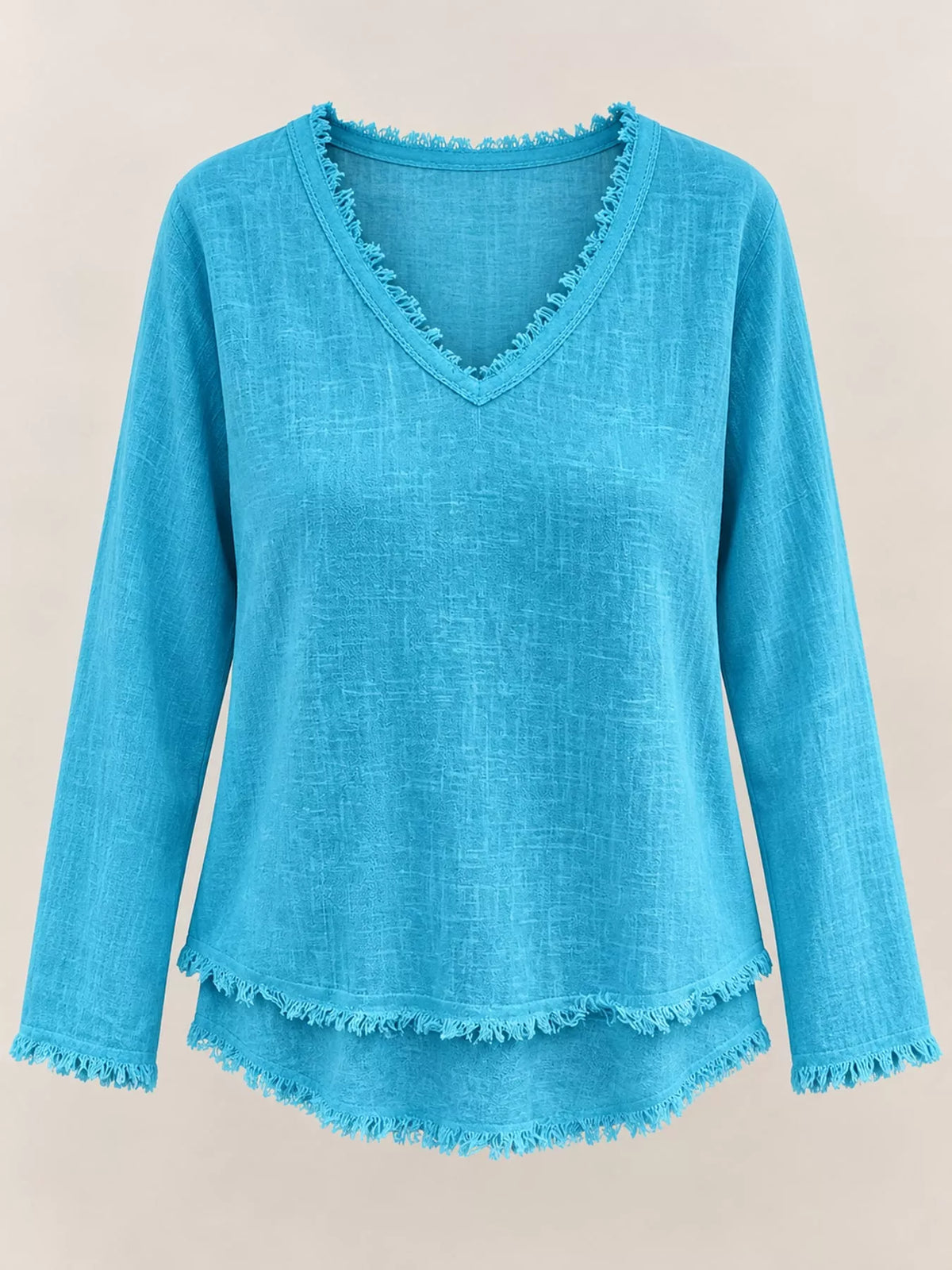 Frayed V-neck blouse, turquoise flat lay