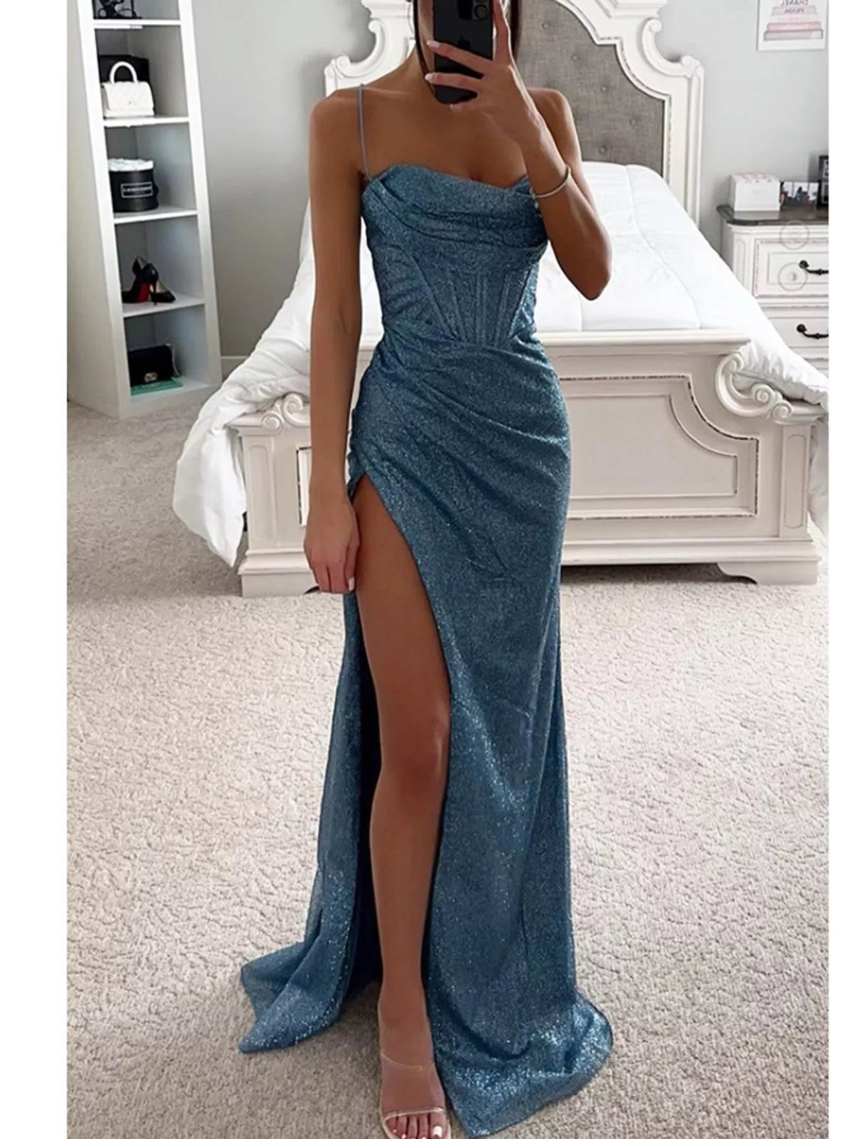 Blue high-slit glitter maxi evening dress — front view