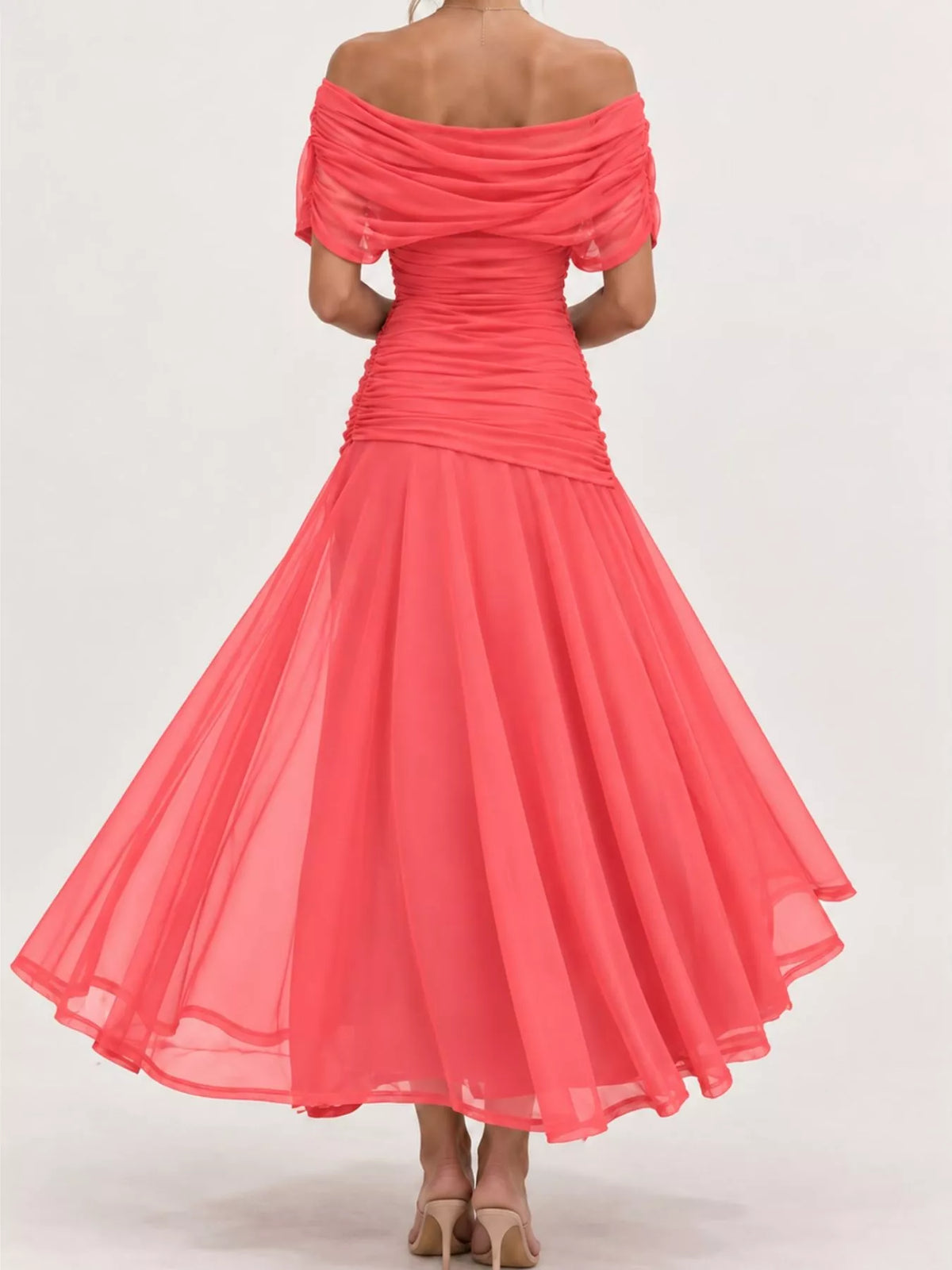 Red off shoulder ruched tulle evening dress, back view