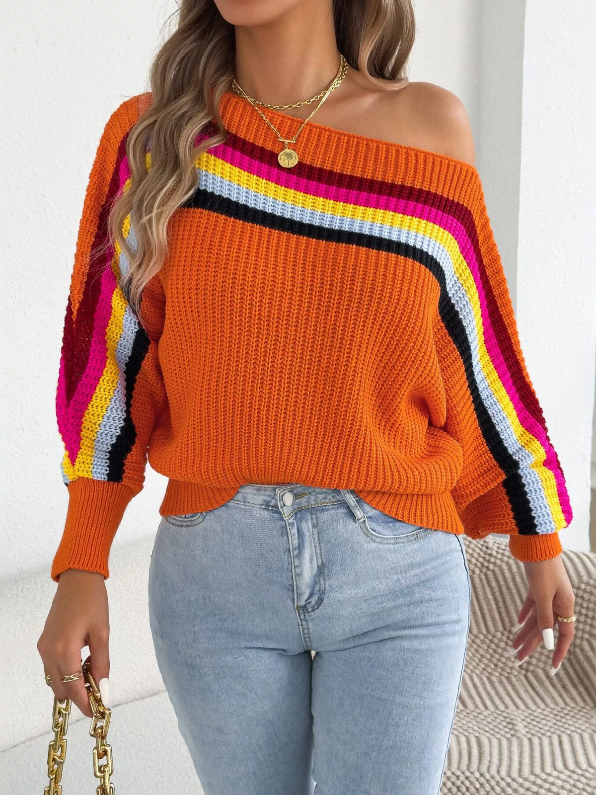 Striped Knit Boat Neck Sweater in orange, front view