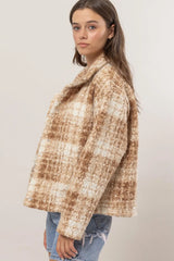 Trendsi HYFVE Plaid Collared Neck Boucle Jacket with Pockets -