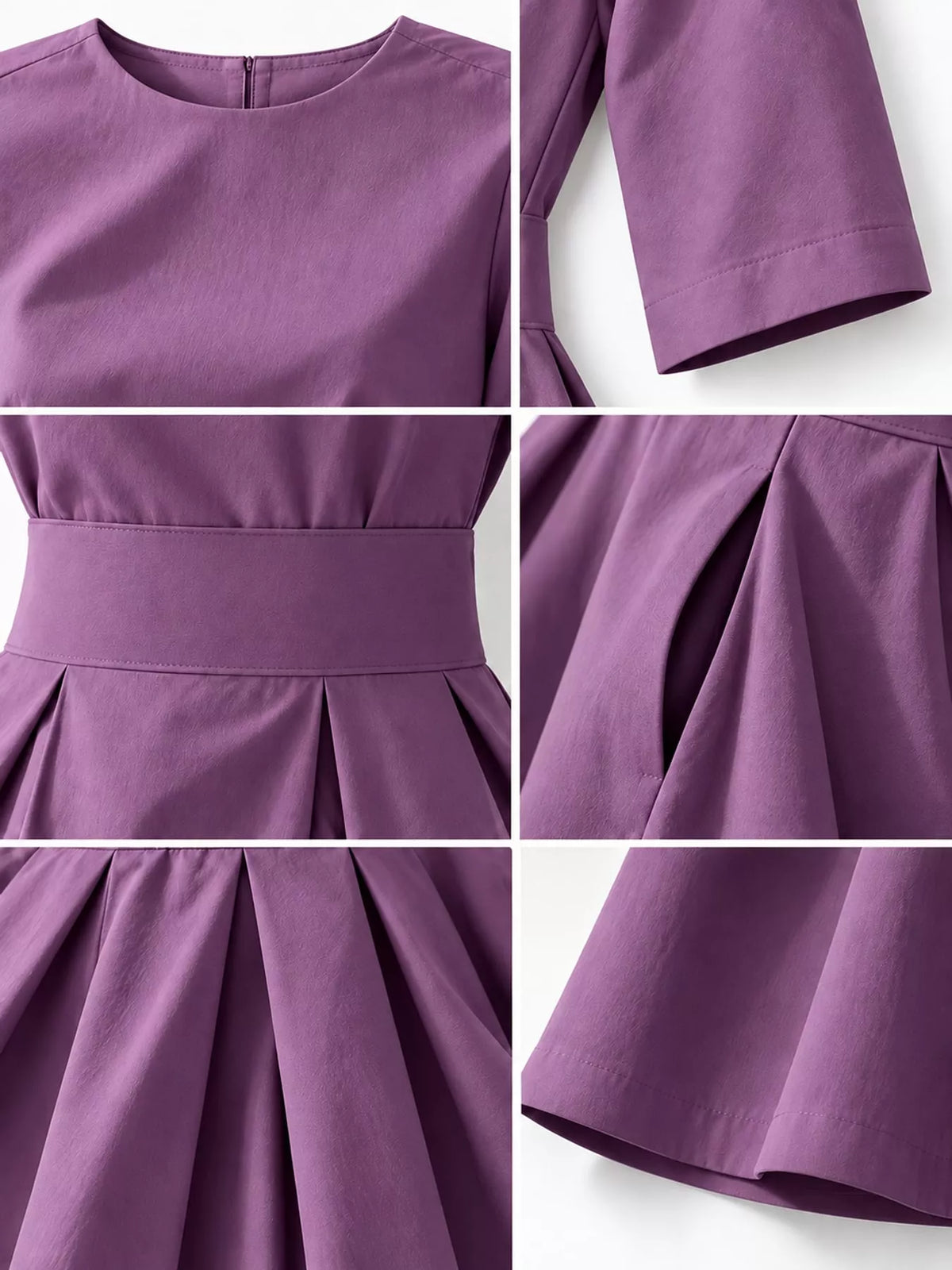 Round neck short sleeve midi dress, construction and design details