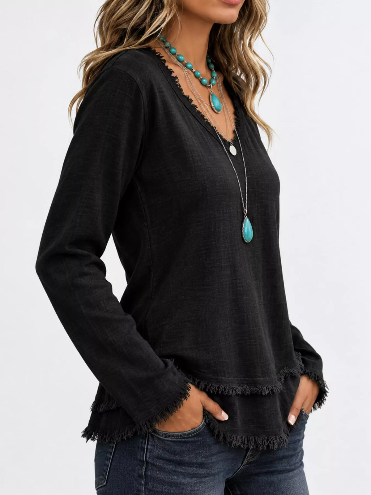 Frayed-hem blouse, black angled front