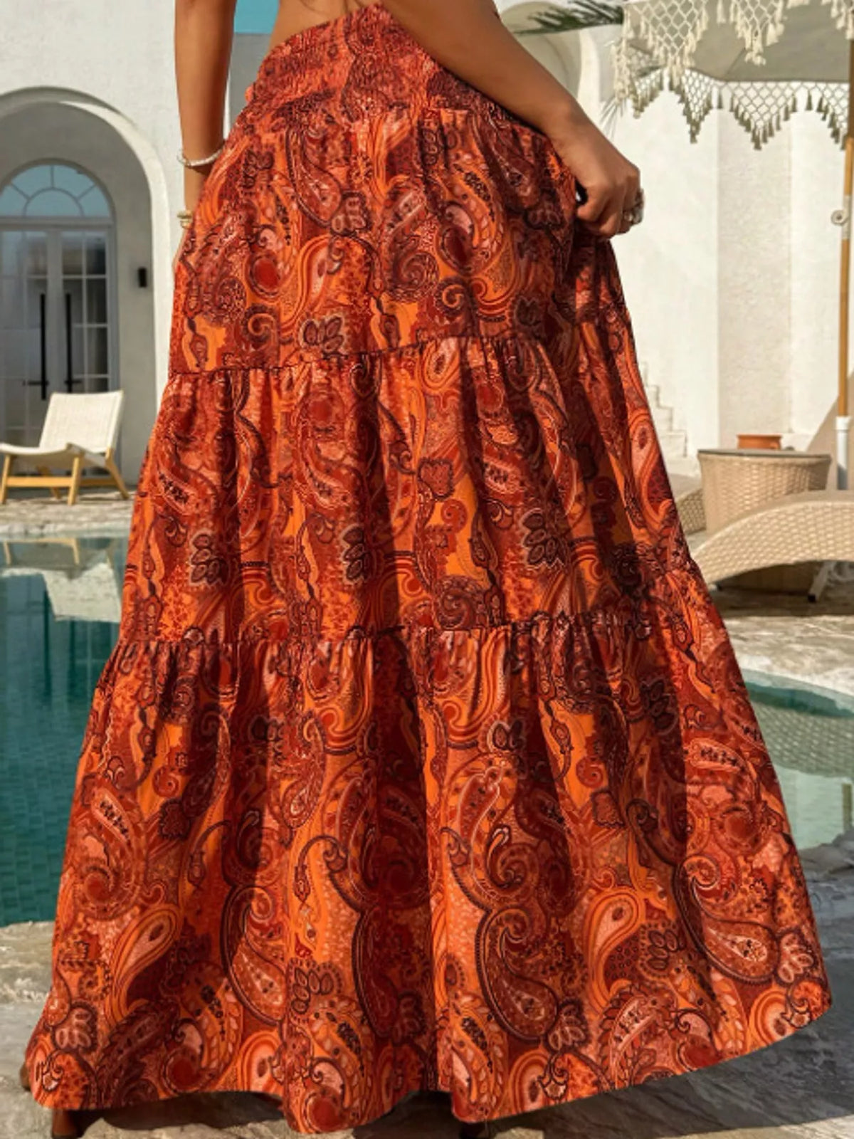 Women's Paisley Print Tiered Maxi Skirt in orange — front view